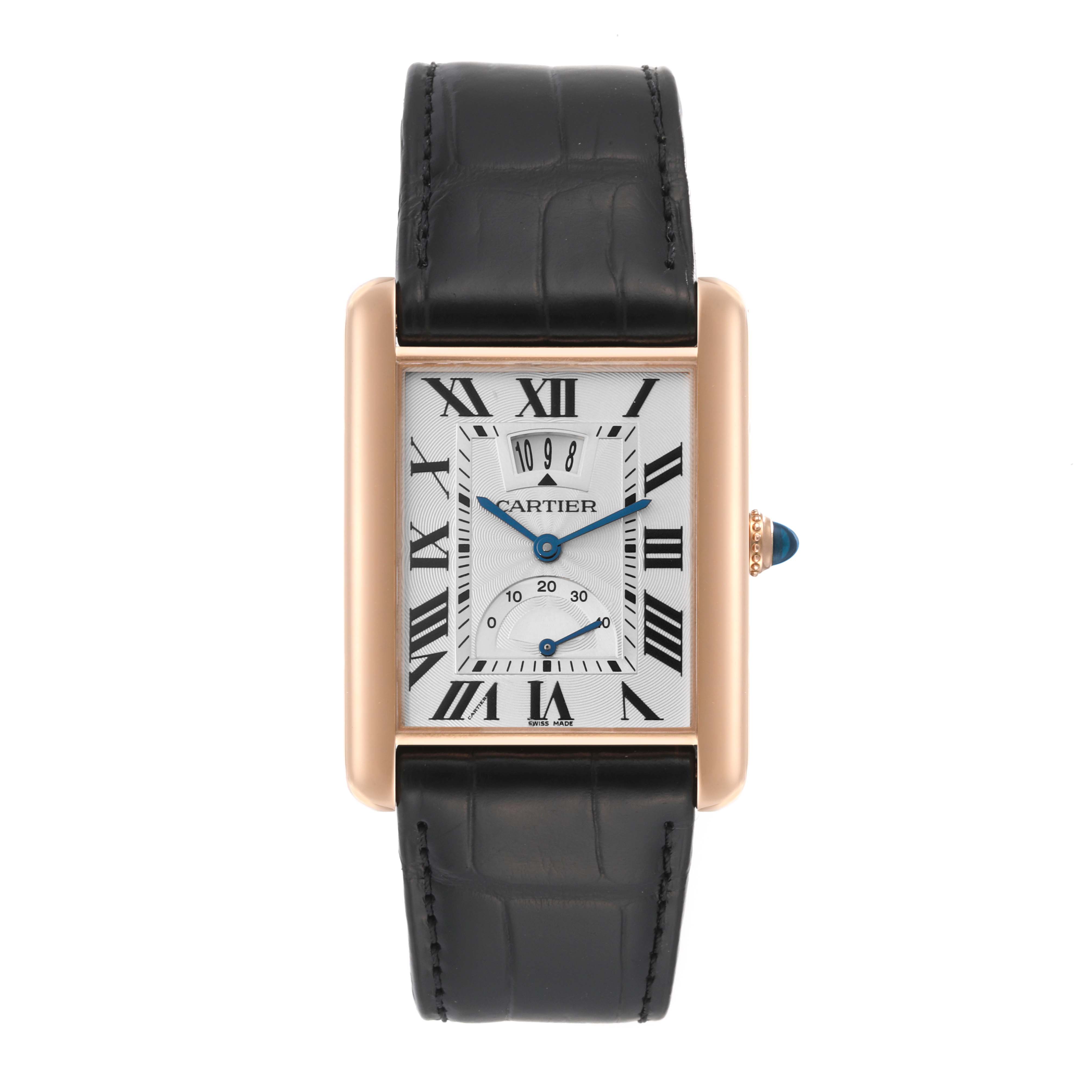 The image shows a front view of the Cartier Tank Louis W1560003 Men's Rose Gold Silver Dial W1560003 Men's Rose Gold Silver Dial watch, featuring a rectangular dial and a black leather strap.
