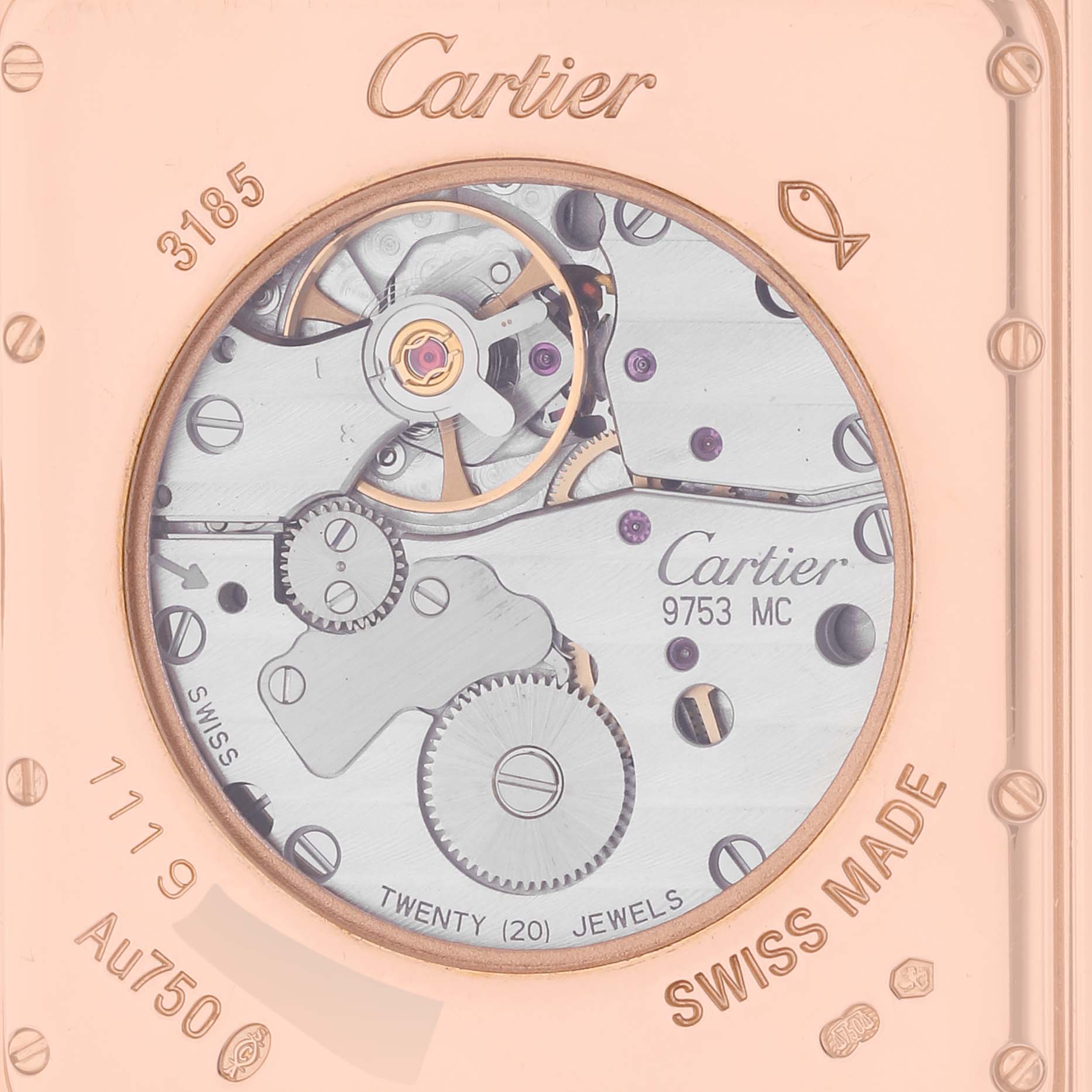 This image shows a close-up view of the movement and mechanics of the Cartier Tank Louis W1560003 Men's Rose Gold Silver Dial W1560003 Men's Rose Gold Silver Dial model watch.