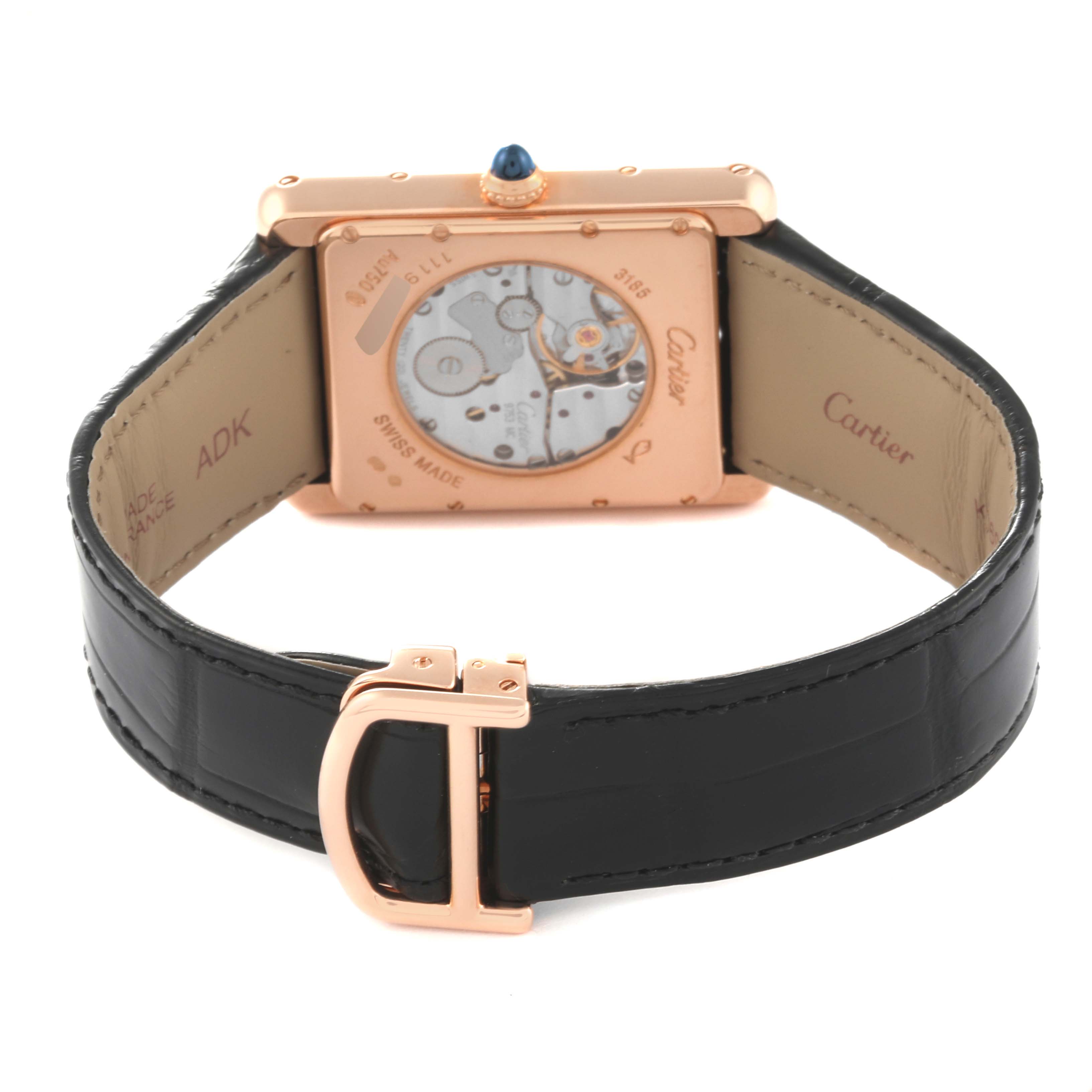 The image shows the back view of the Cartier Tank Louis W1560003 Men's Rose Gold Silver Dial W1560003 Men's Rose Gold Silver Dial watch, highlighting its mechanical movement and leather strap with buckle.
