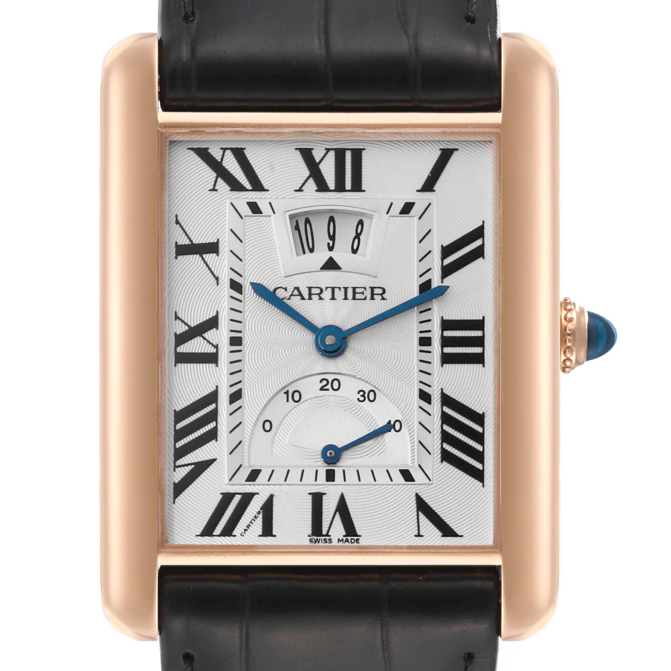 This image shows a front view of the Cartier Tank Louis W1560003 Men's Rose Gold Silver Dial W1560003 Men's Rose Gold Silver Dial watch, featuring the face, hands, and part of the leather strap.