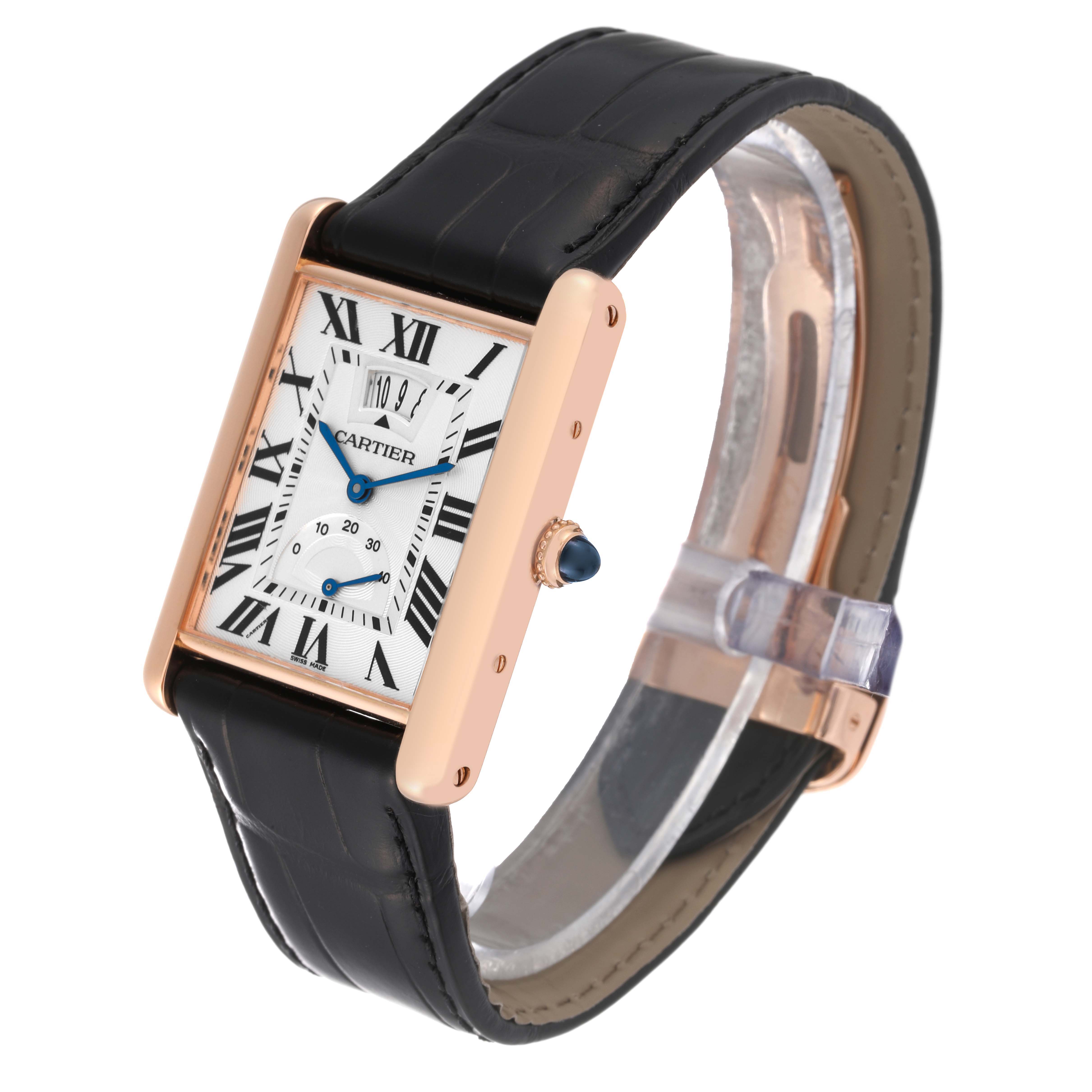 The image shows a Cartier Tank Louis W1560003 Men's Rose Gold Silver Dial W1560003 Men's Rose Gold Silver Dial watch, displaying its face, crown, and leather strap at a three-quarter angle.