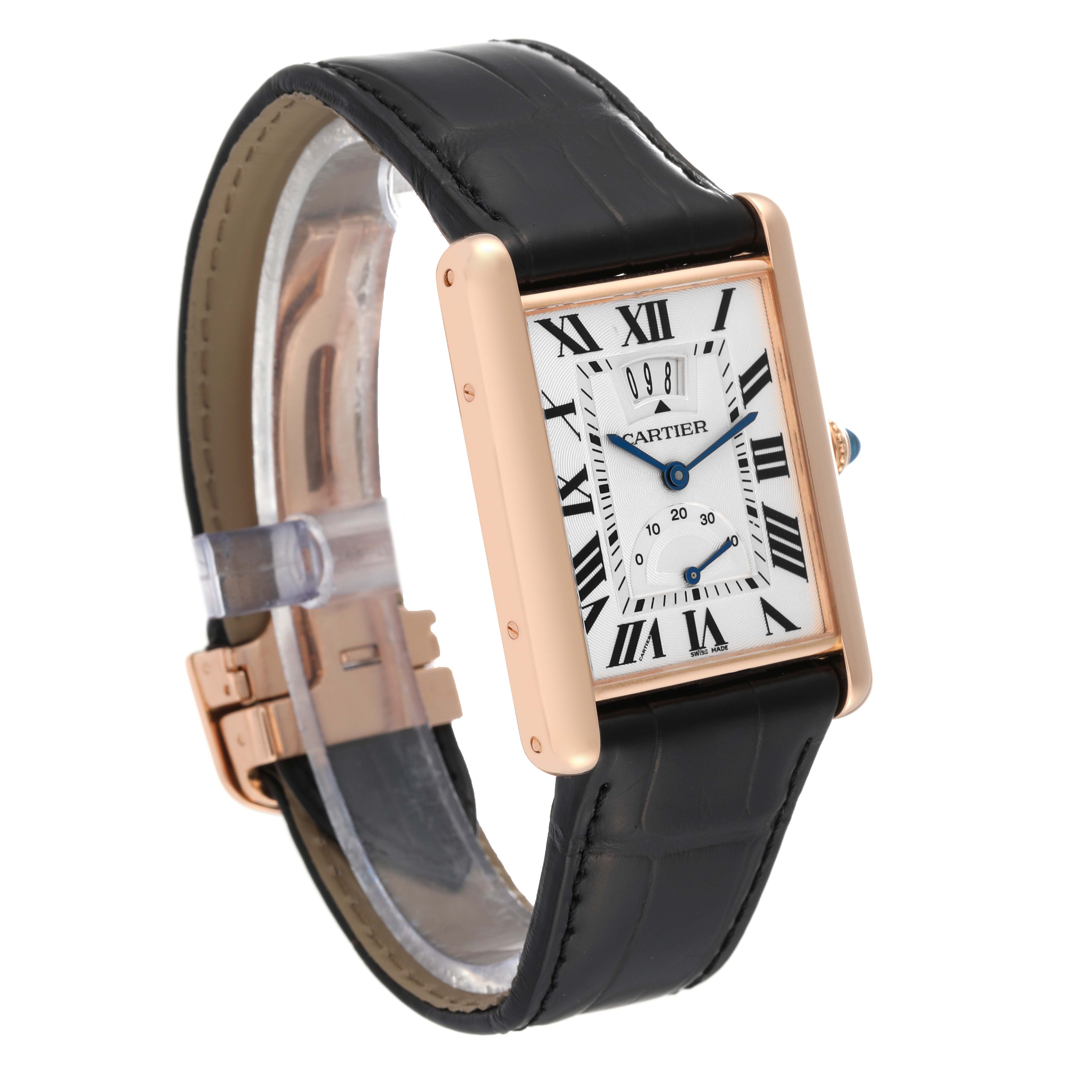 This image shows a Cartier Tank Louis W1560003 Men's Rose Gold Silver Dial W1560003 Men's Rose Gold Silver Dial watch at a 3/4 angle, highlighting its rectangular face, leather strap, and Roman numeral dial.
