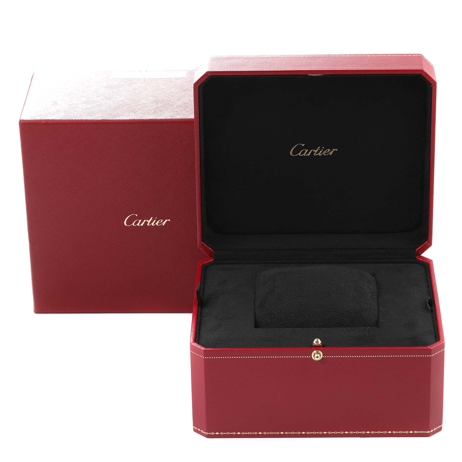 This image shows the open and empty red Cartier box for the Tank Louis model watch.