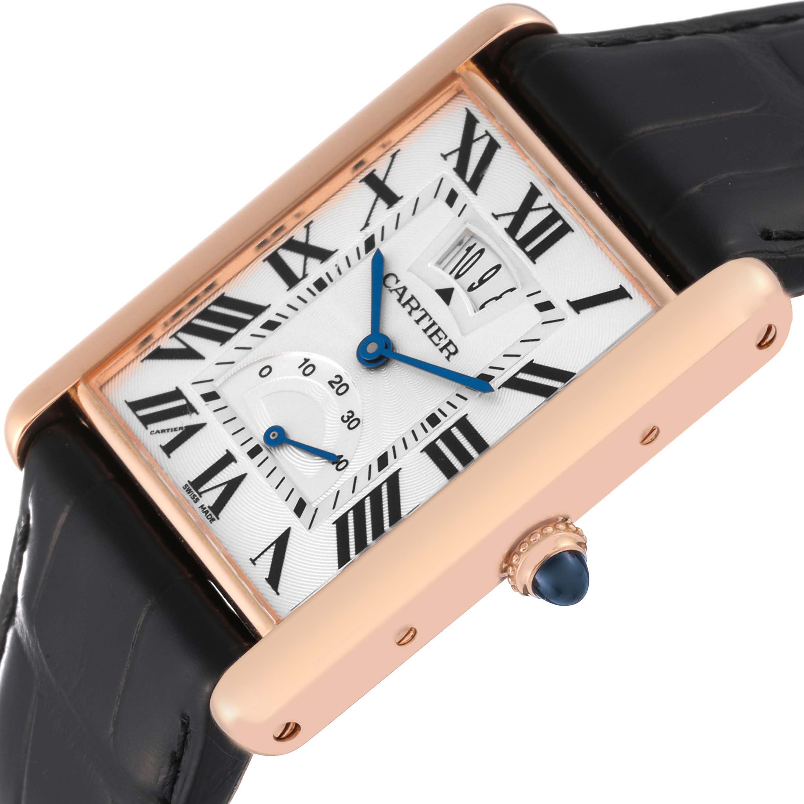 The image shows a Cartier Tank Louis W1560003 Men's Rose Gold Silver Dial W1560003 Men's Rose Gold Silver Dial watch at an oblique angle, highlighting its face, blue hands, and crown with a cabochon.
