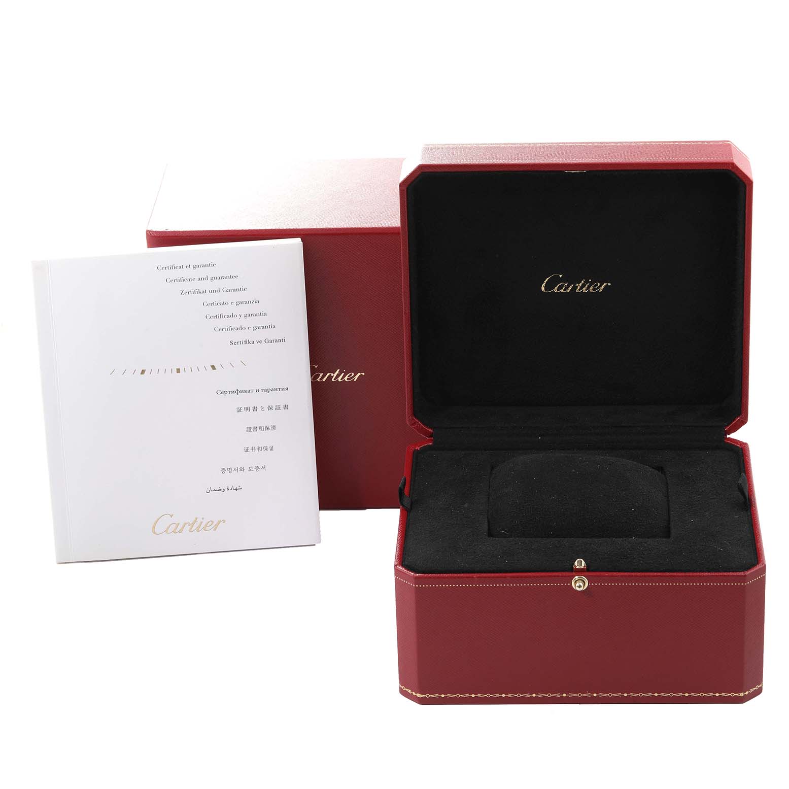 The image shows the Cartier Tank Louis W1560017 Men
s Rose Gold Silver Dial W1560017 Men
s Rose Gold Silver Dial model watch
s red presentation box and accompanying documentation from a front angle.