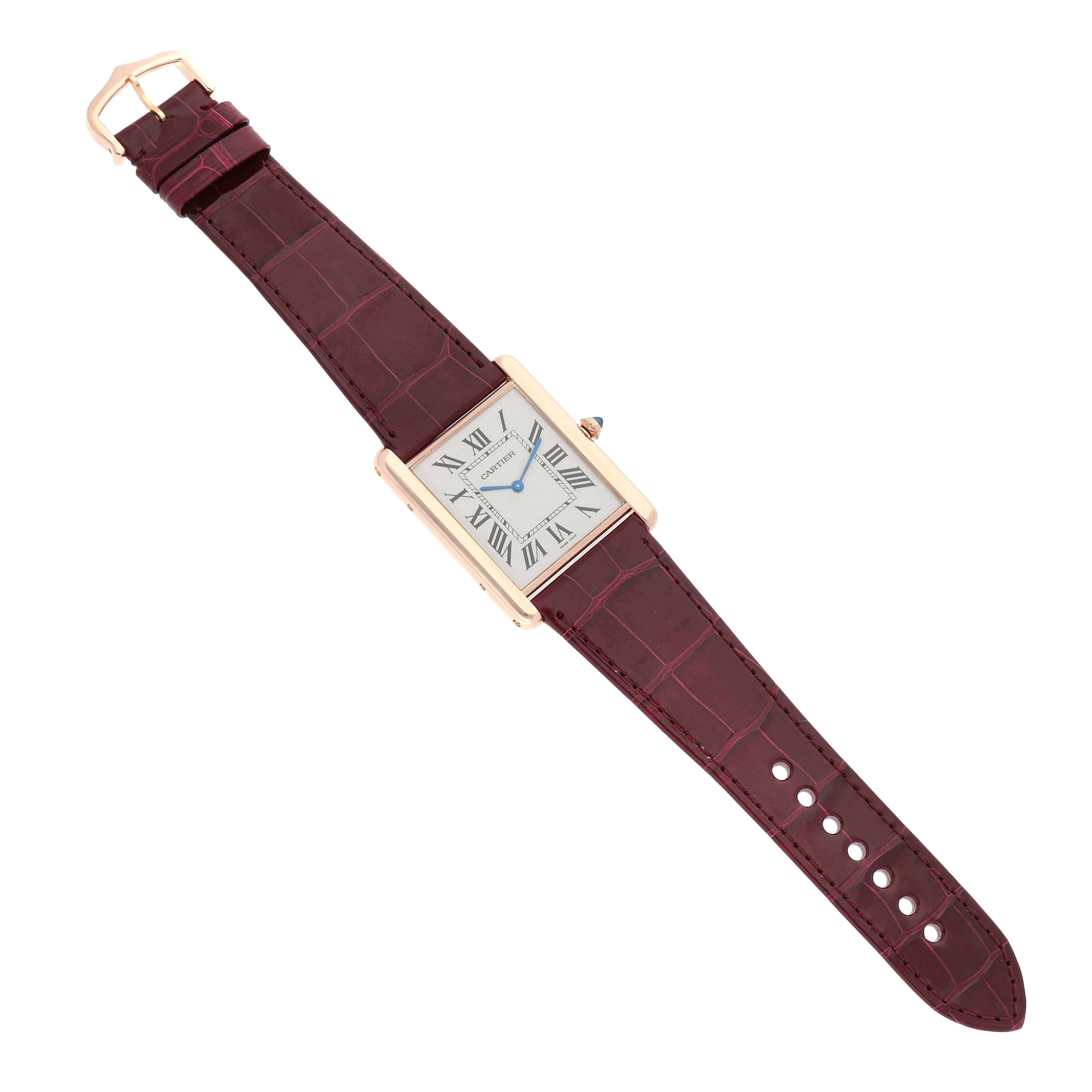 The image shows the Cartier Tank Louis W1560017 Men
s Rose Gold Silver Dial W1560017 Men
s Rose Gold Silver Dial model watch from a top-down angle, displaying the face, strap, and buckle clearly.