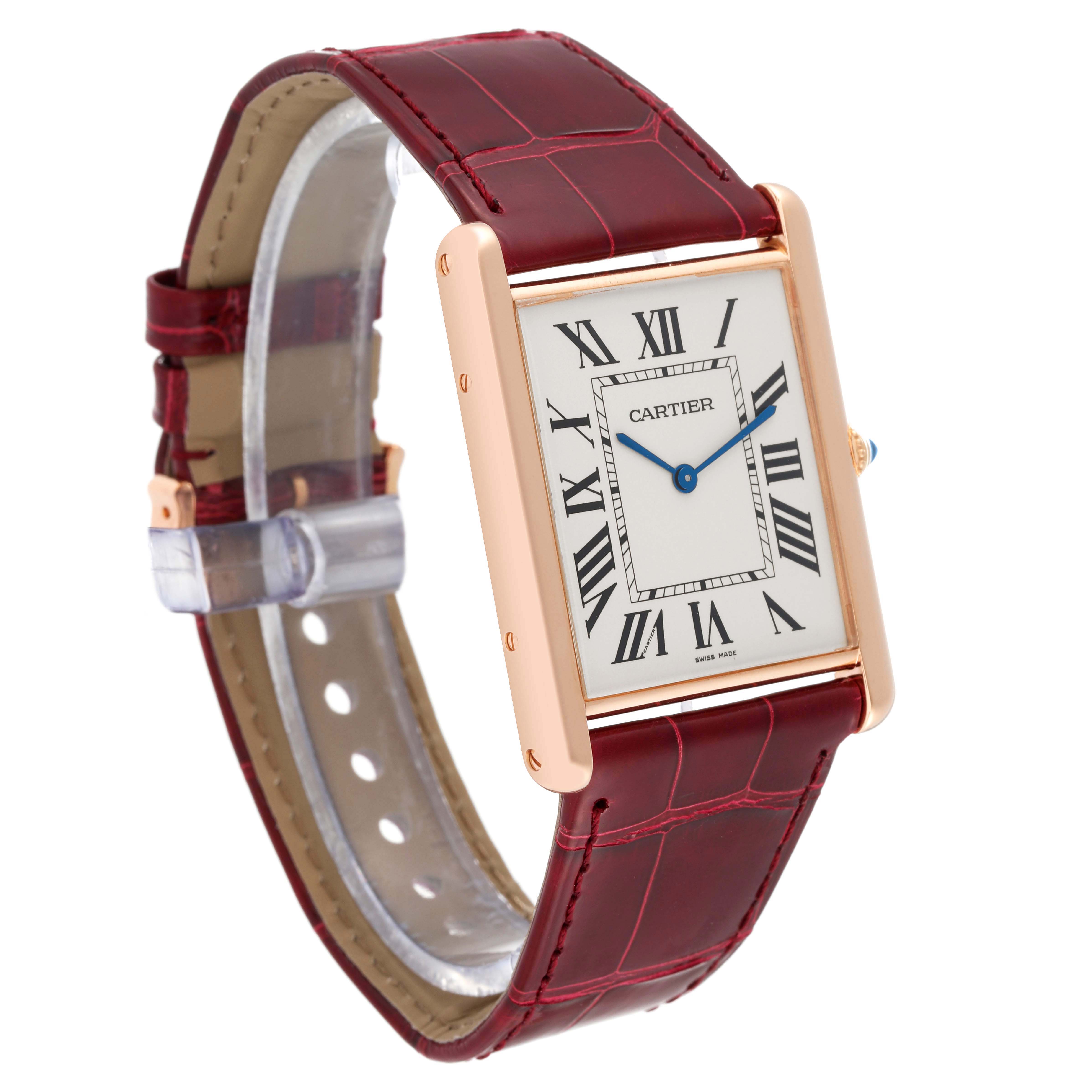 The image shows a Cartier Tank Louis W1560017 Men
s Rose Gold Silver Dial W1560017 Men
s Rose Gold Silver Dial watch at a slight angle, displaying the face, strap, and side profile.