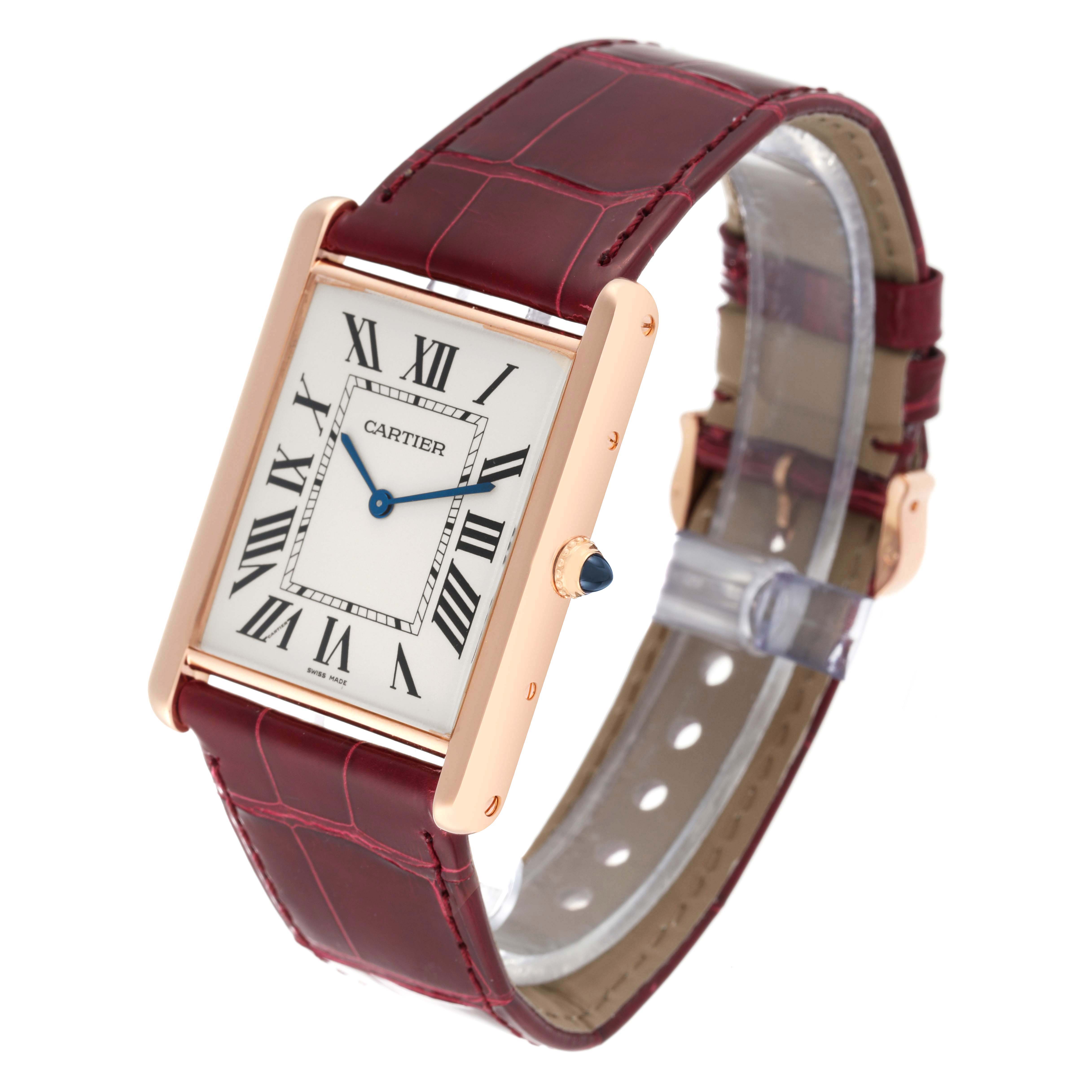 The image shows a Cartier Tank Louis W1560017 Men
s Rose Gold Silver Dial W1560017 Men
s Rose Gold Silver Dial watch at a three-quarter angle, highlighting the face, case, and strap.