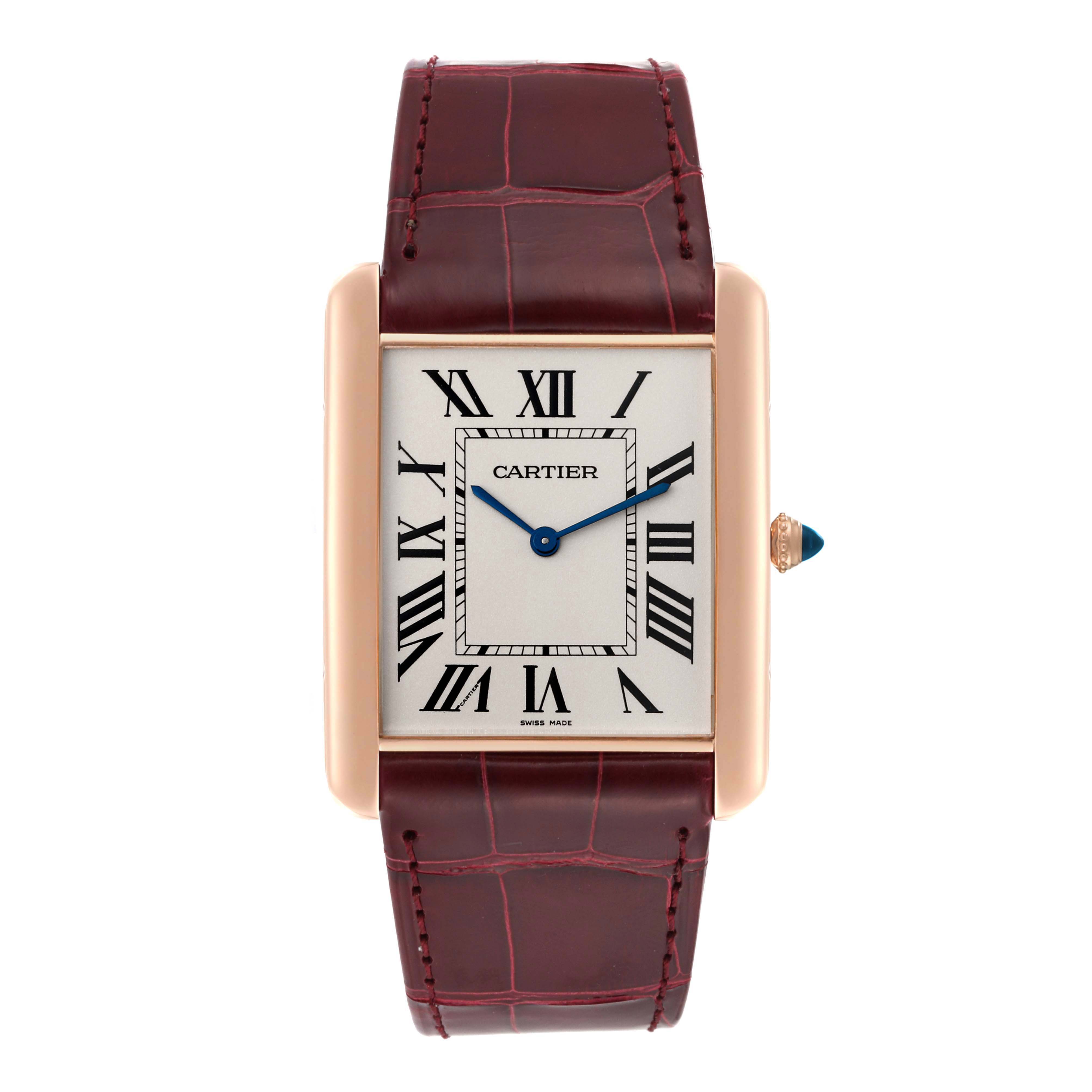 This image shows a Cartier Tank Louis W1560017 Men
s Rose Gold Silver Dial W1560017 Men
s Rose Gold Silver Dial watch from a front angle, displaying its dial and strap.