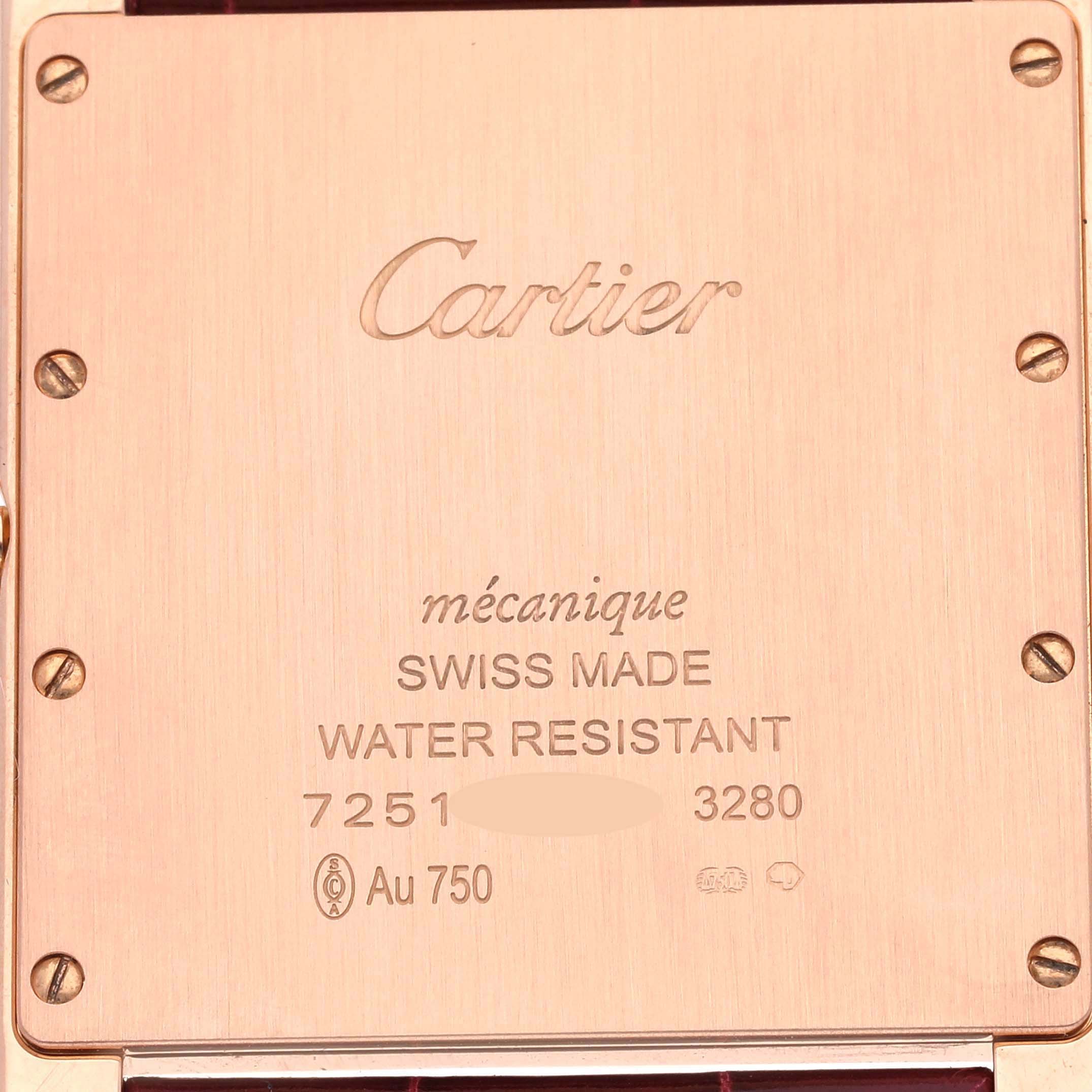 This image shows the back case of a Cartier Tank Louis W1560017 Men
s Rose Gold Silver Dial W1560017 Men
s Rose Gold Silver Dial watch, highlighting logos and specifications.