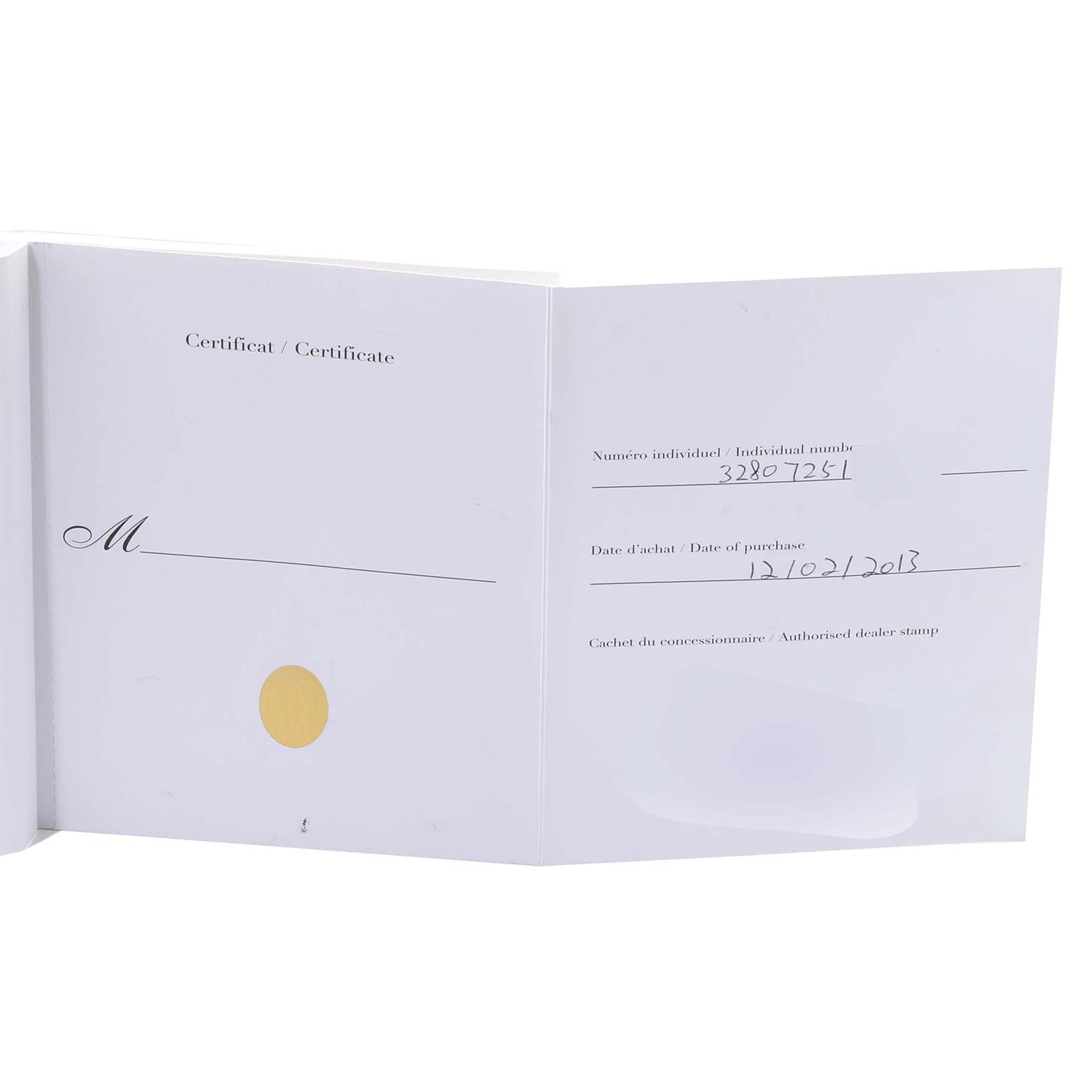 This image shows the certificate booklet open for the Cartier Tank Louis W1560017 Men
s Rose Gold Silver Dial W1560017 Men
s Rose Gold Silver Dial watch model.