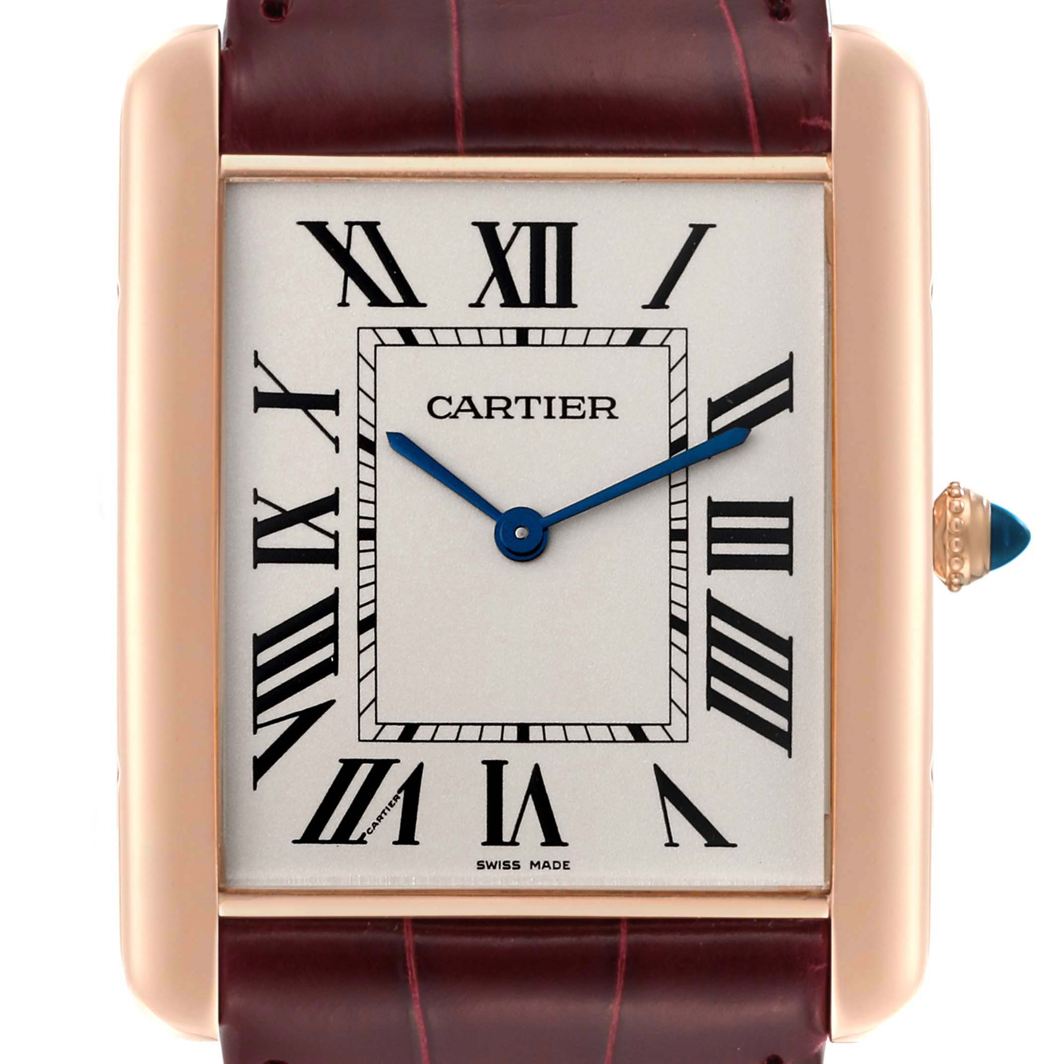 This image shows a close-up of the dial and bezel of the Cartier Tank Louis W1560017 Men
s Rose Gold Silver Dial W1560017 Men
s Rose Gold Silver Dial watch.