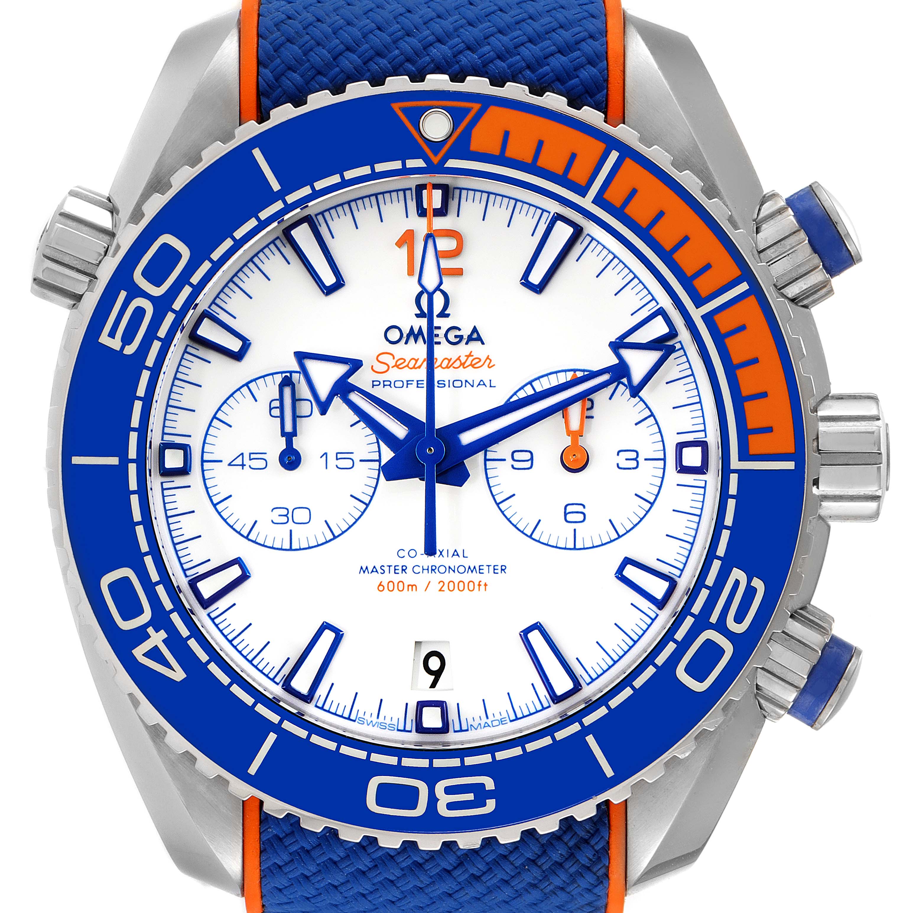 The image shows the front view of an Omega Planet Ocean 215.32.46.51.04.001 Men's Stainless Steel White Dial 215.32.46.51.04.001 Men's Stainless Steel White Dial watch, highlighting its blue bezel, white dial, and orange accents.