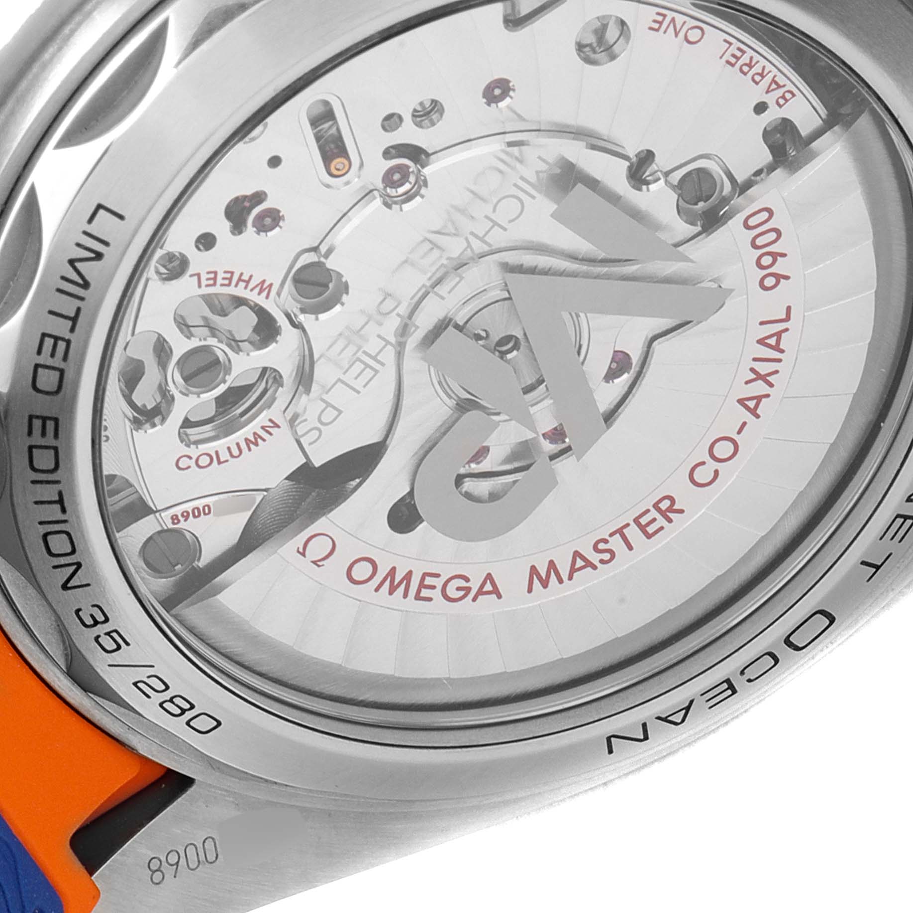 This image shows the back of an Omega Planet Ocean 215.32.46.51.04.001 Men's Stainless Steel White Dial 215.32.46.51.04.001 Men's Stainless Steel White Dial watch, highlighting its limited edition engraving and visible co-axial movement.