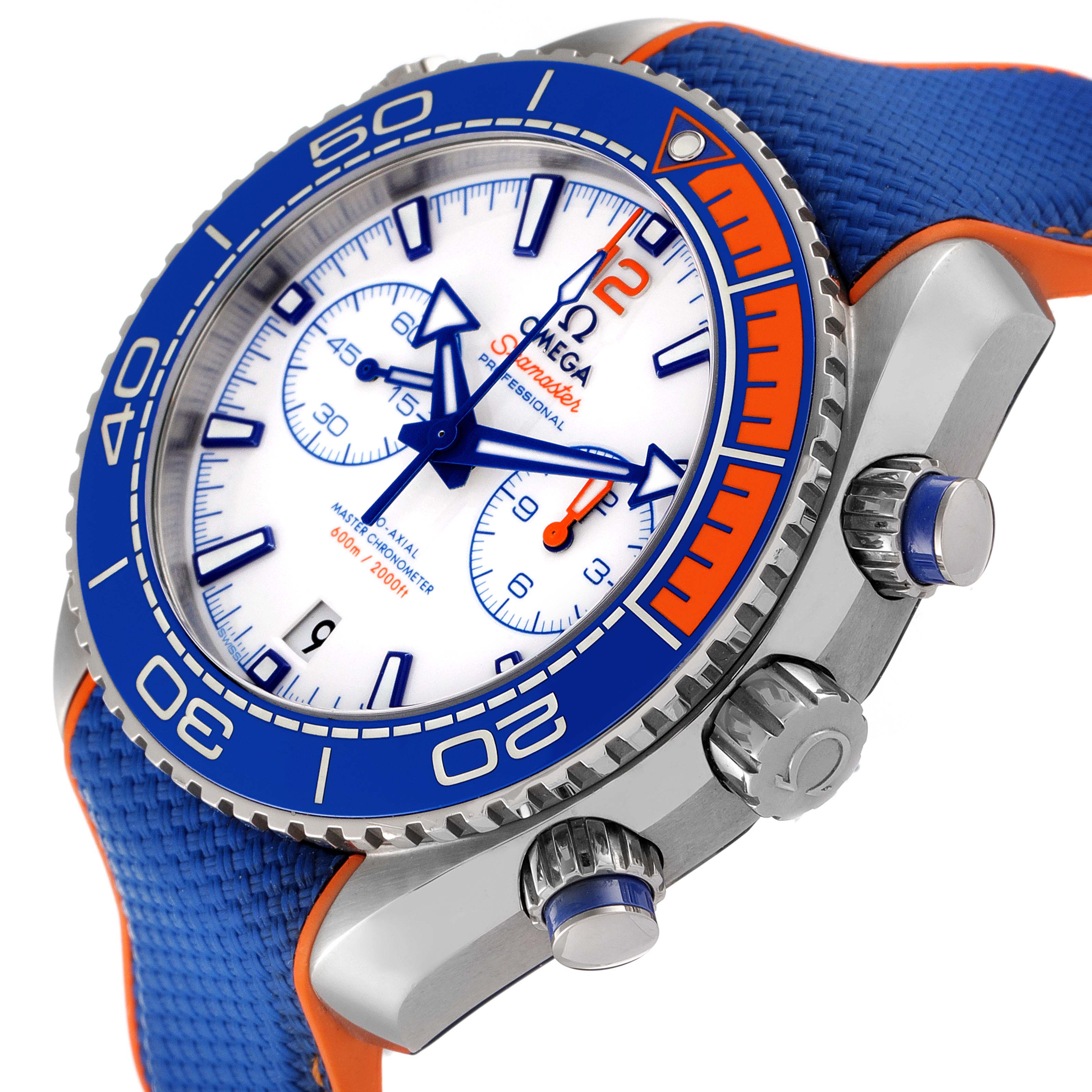 The image shows a side angle of an Omega Planet Ocean 215.32.46.51.04.001 Men's Stainless Steel White Dial 215.32.46.51.04.001 Men's Stainless Steel White Dial watch, highlighting its face, bezel, crown, and strap.