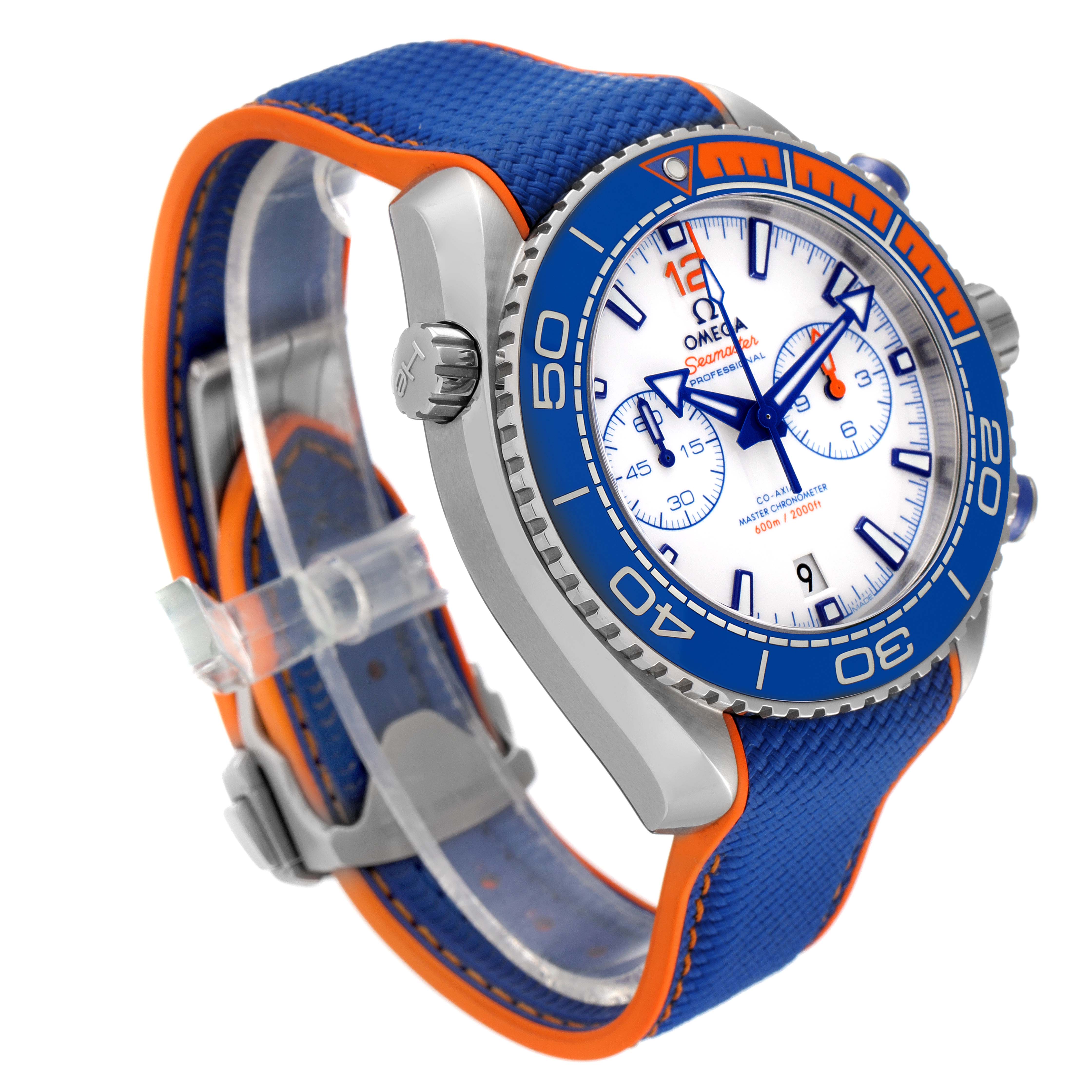 The image shows a side and angled view of an Omega Planet Ocean 215.32.46.51.04.001 Men's Stainless Steel White Dial 215.32.46.51.04.001 Men's Stainless Steel White Dial watch, highlighting its blue bezel, white dial, and blue and orange strap.