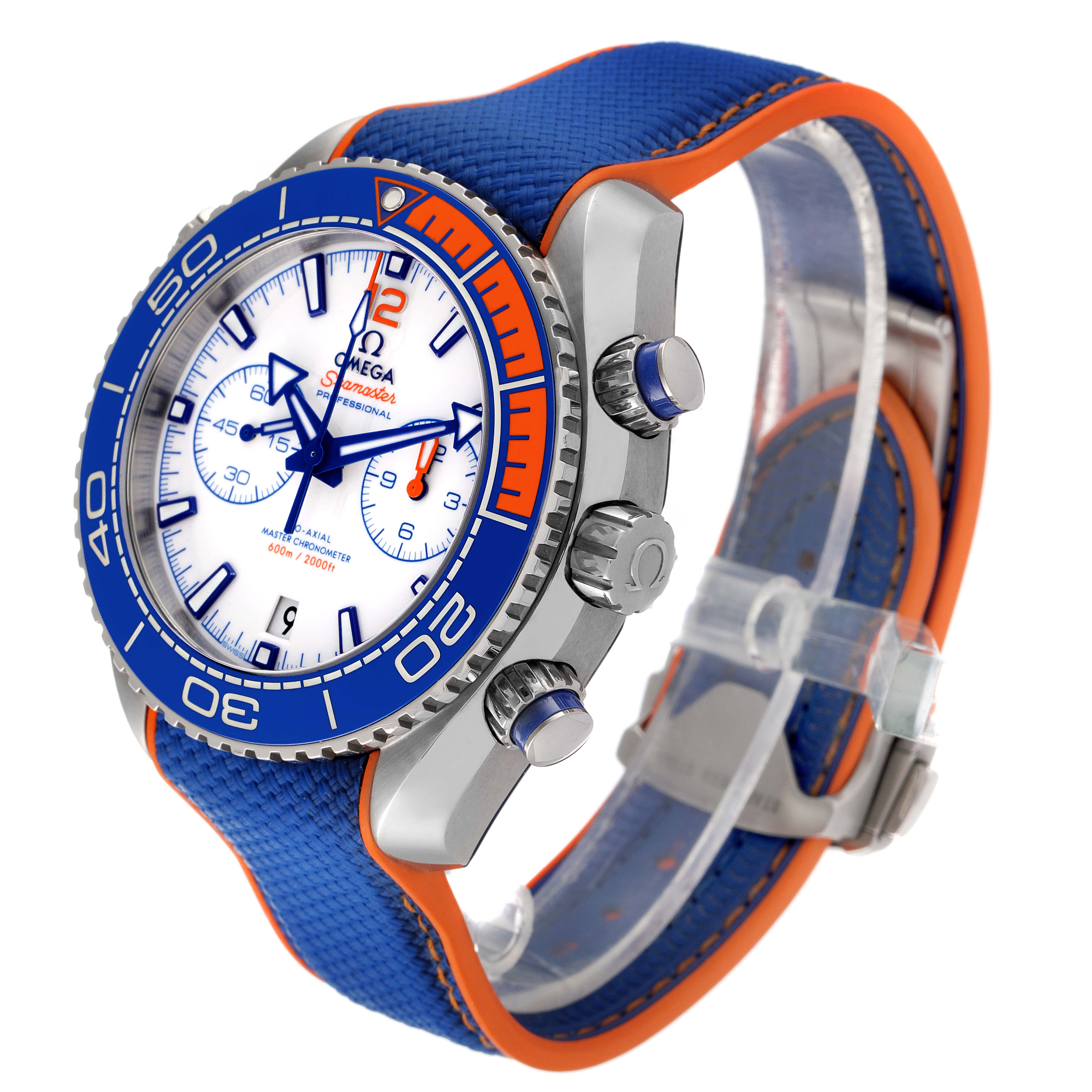 The Omega Planet Ocean 215.32.46.51.04.001 Men's Stainless Steel White Dial 215.32.46.51.04.001 Men's Stainless Steel White Dial watch is shown at a three-quarter angle, highlighting the front, side, strap, and bezel.