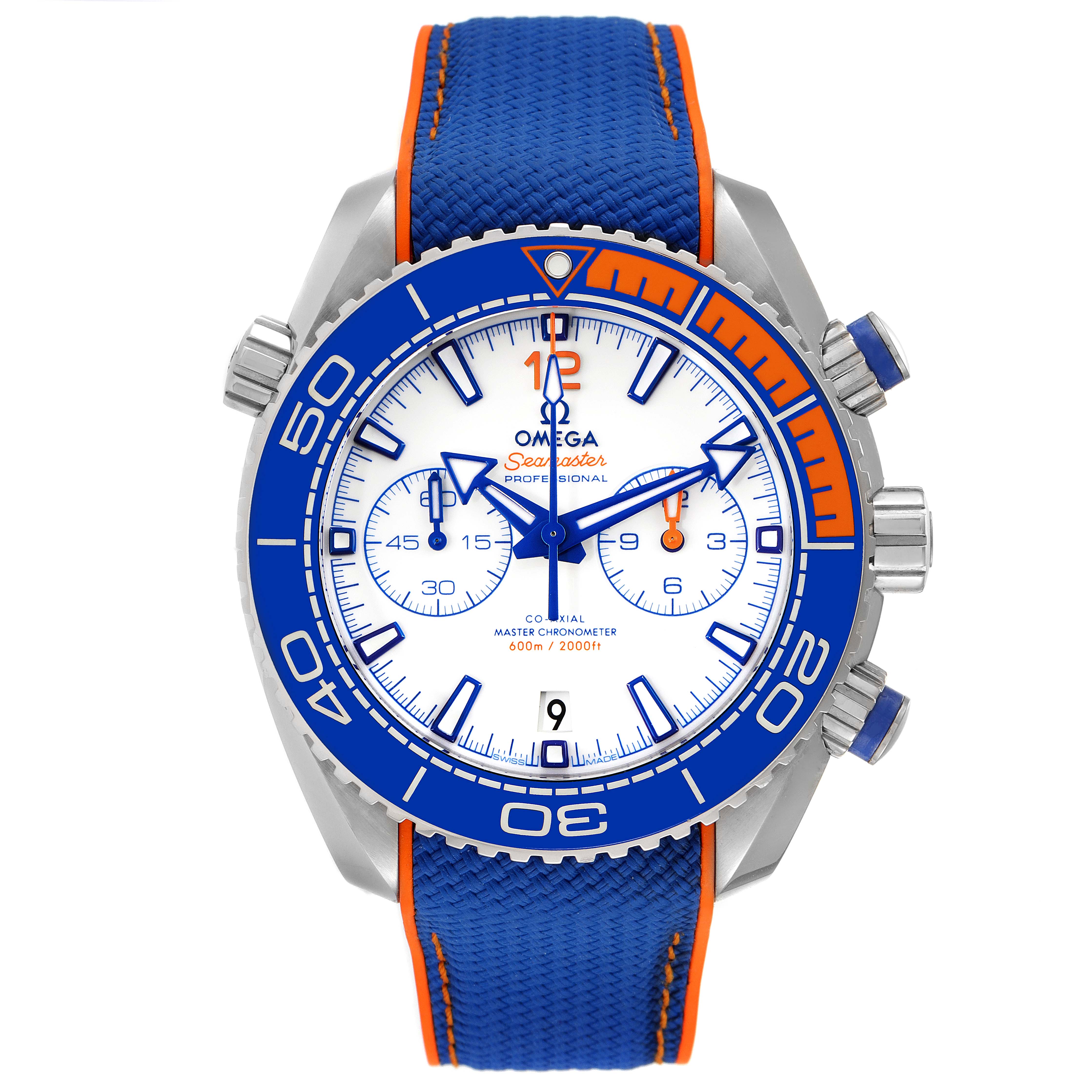 The image shows a front view of an Omega Planet Ocean 215.32.46.51.04.001 Men's Stainless Steel White Dial 215.32.46.51.04.001 Men's Stainless Steel White Dial watch, highlighting the dial, bezel, and strap.