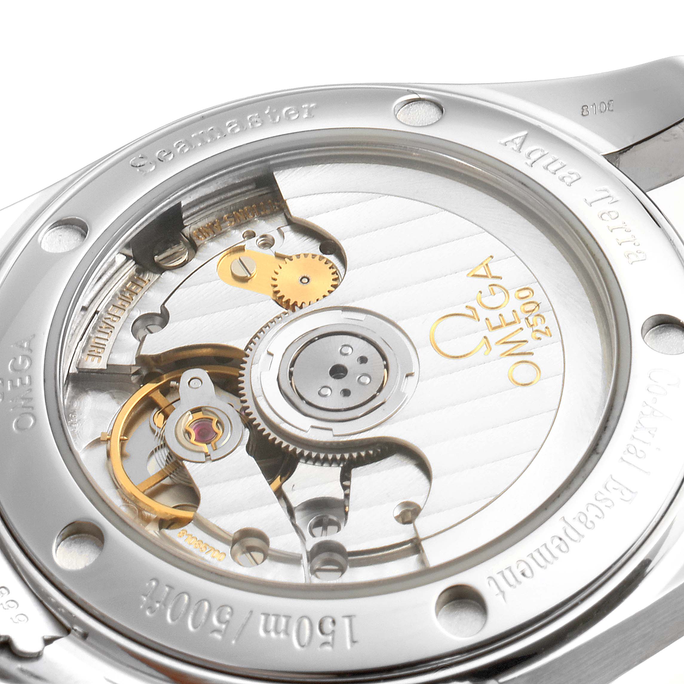 This image shows the back view of the Omega Aqua Terra 2504.50.00 Men's Stainless Steel Black Dial 2504.50.00 Men's Stainless Steel Black Dial watch, highlighting its exposed movement and internal mechanism.