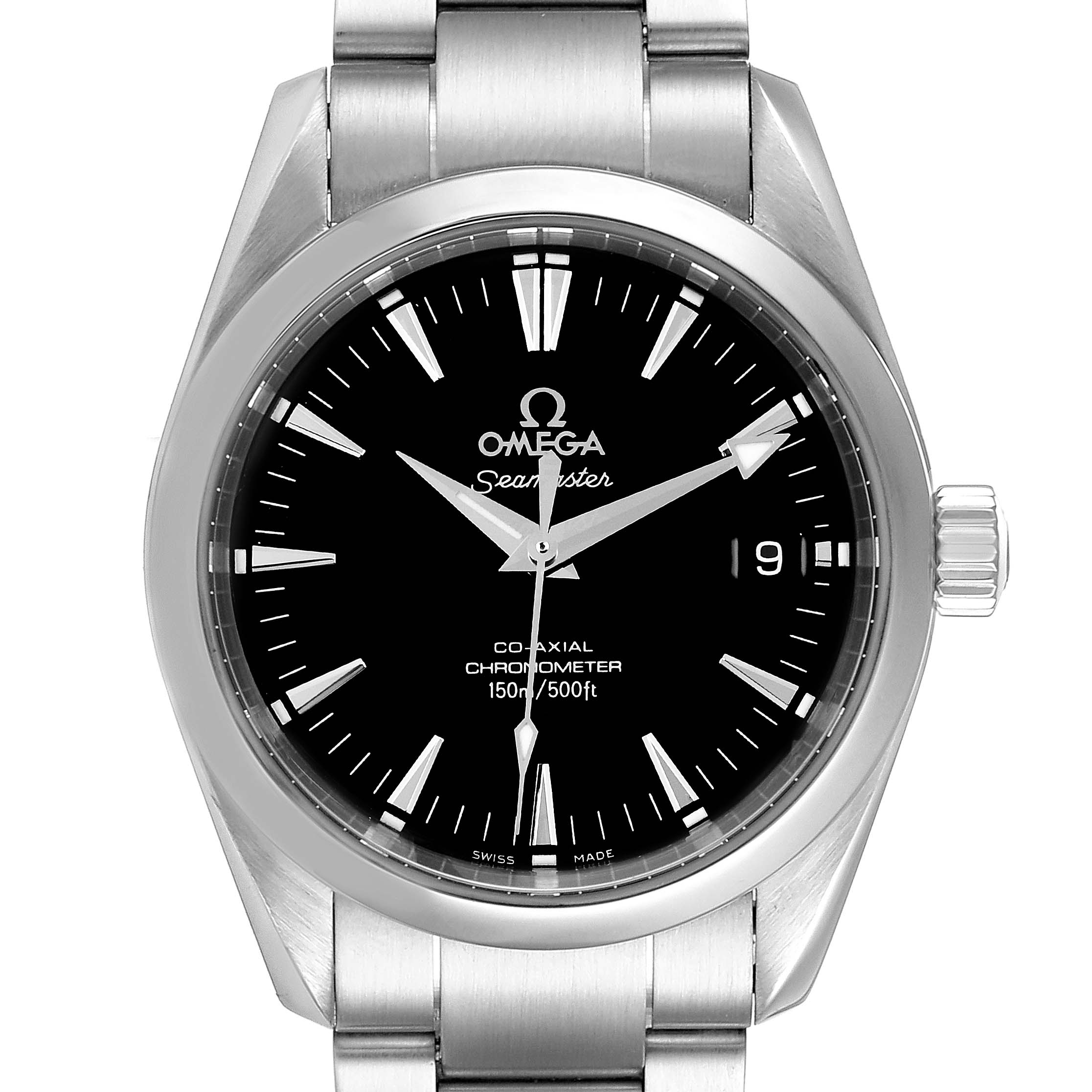 This image shows a front view of the Omega Aqua Terra 2504.50.00 Men's Stainless Steel Black Dial 2504.50.00 Men's Stainless Steel Black Dial watch, focusing on the dial, bezel, crown, and part of the bracelet.