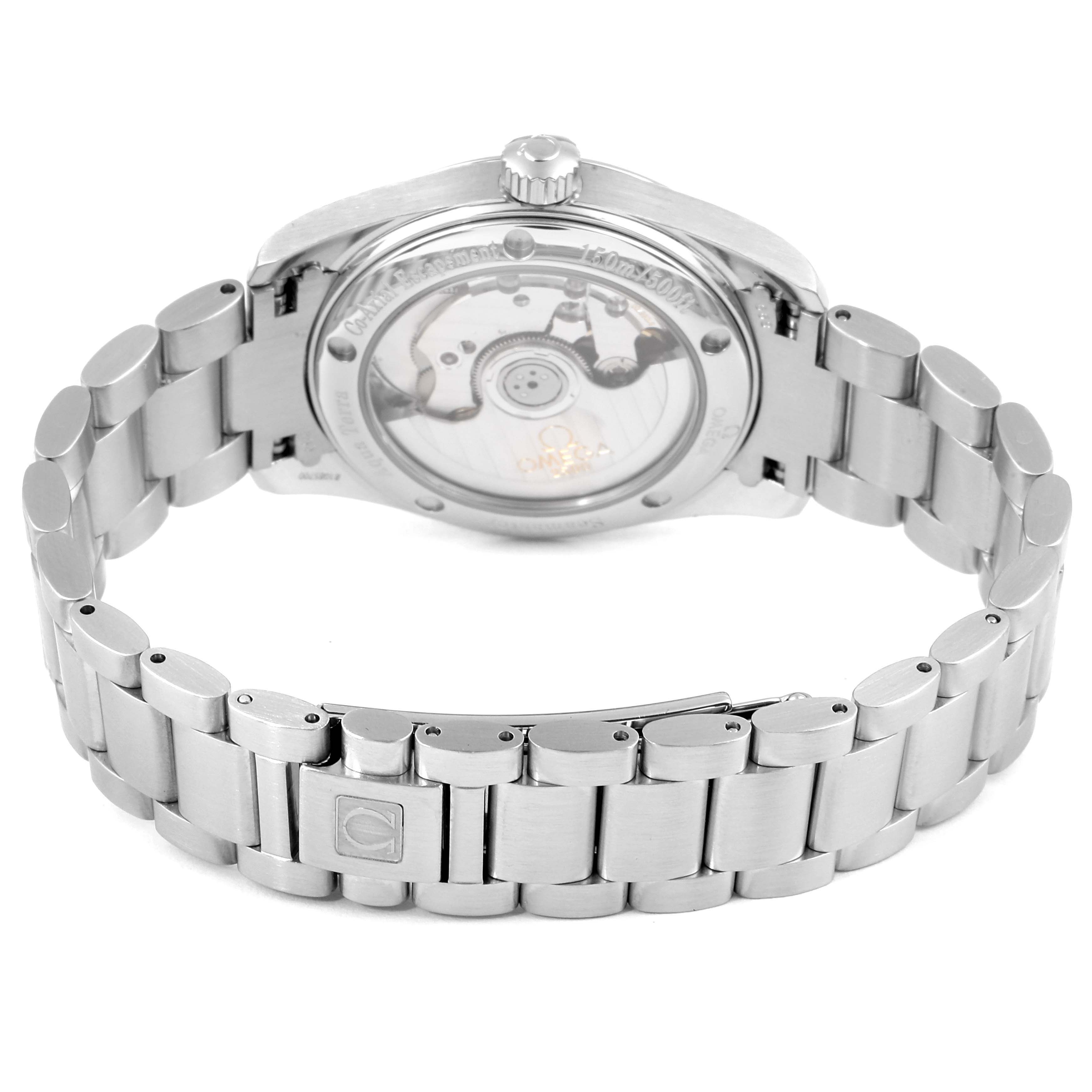 The image shows the back of an Omega Aqua Terra 2504.50.00 Men's Stainless Steel Black Dial 2504.50.00 Men's Stainless Steel Black Dial watch, focusing on the transparent case back and stainless steel bracelet.