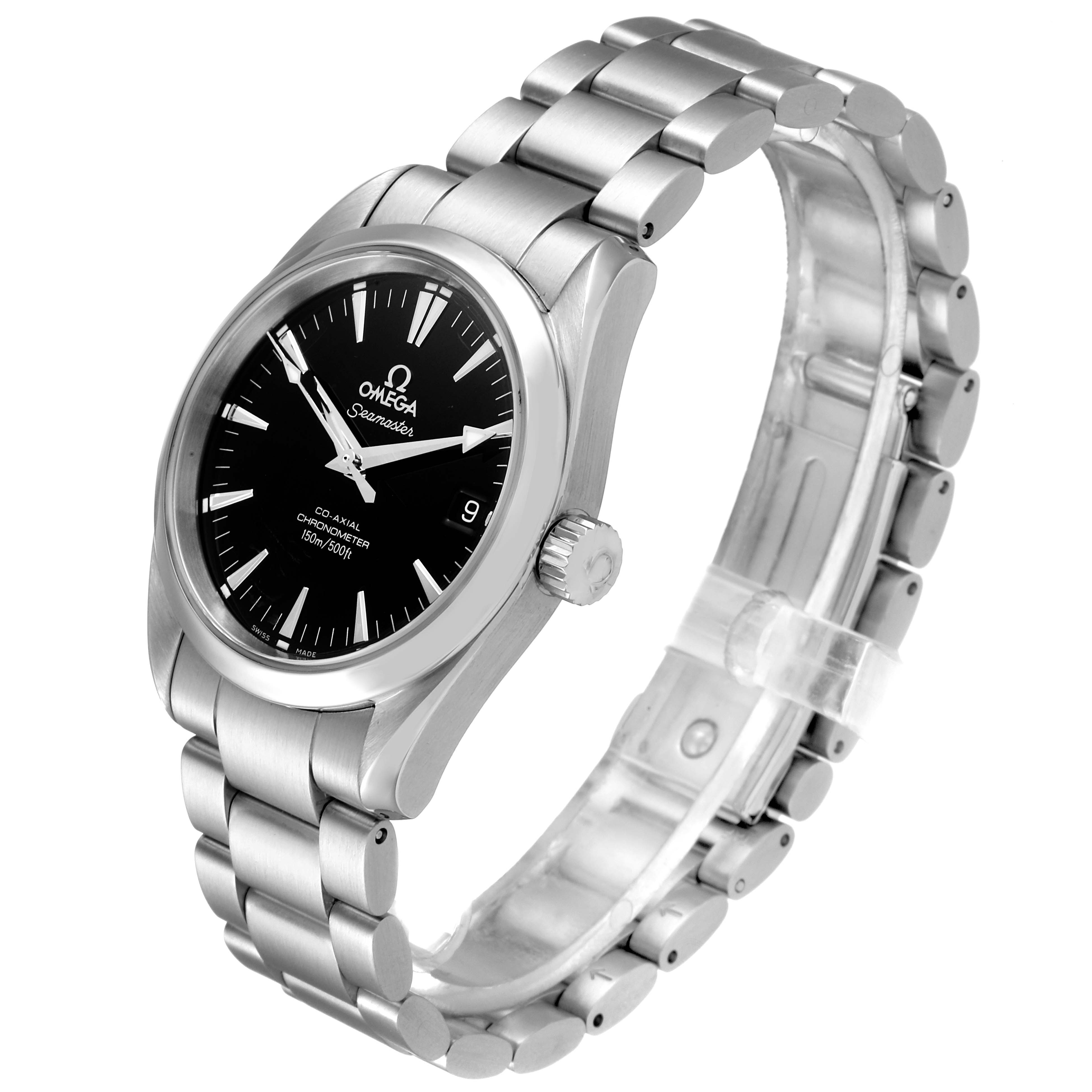 The image shows an Omega Aqua Terra 2504.50.00 Men's Stainless Steel Black Dial 2504.50.00 Men's Stainless Steel Black Dial watch from a three-quarter angle, highlighting the face, crown, and stainless steel bracelet.