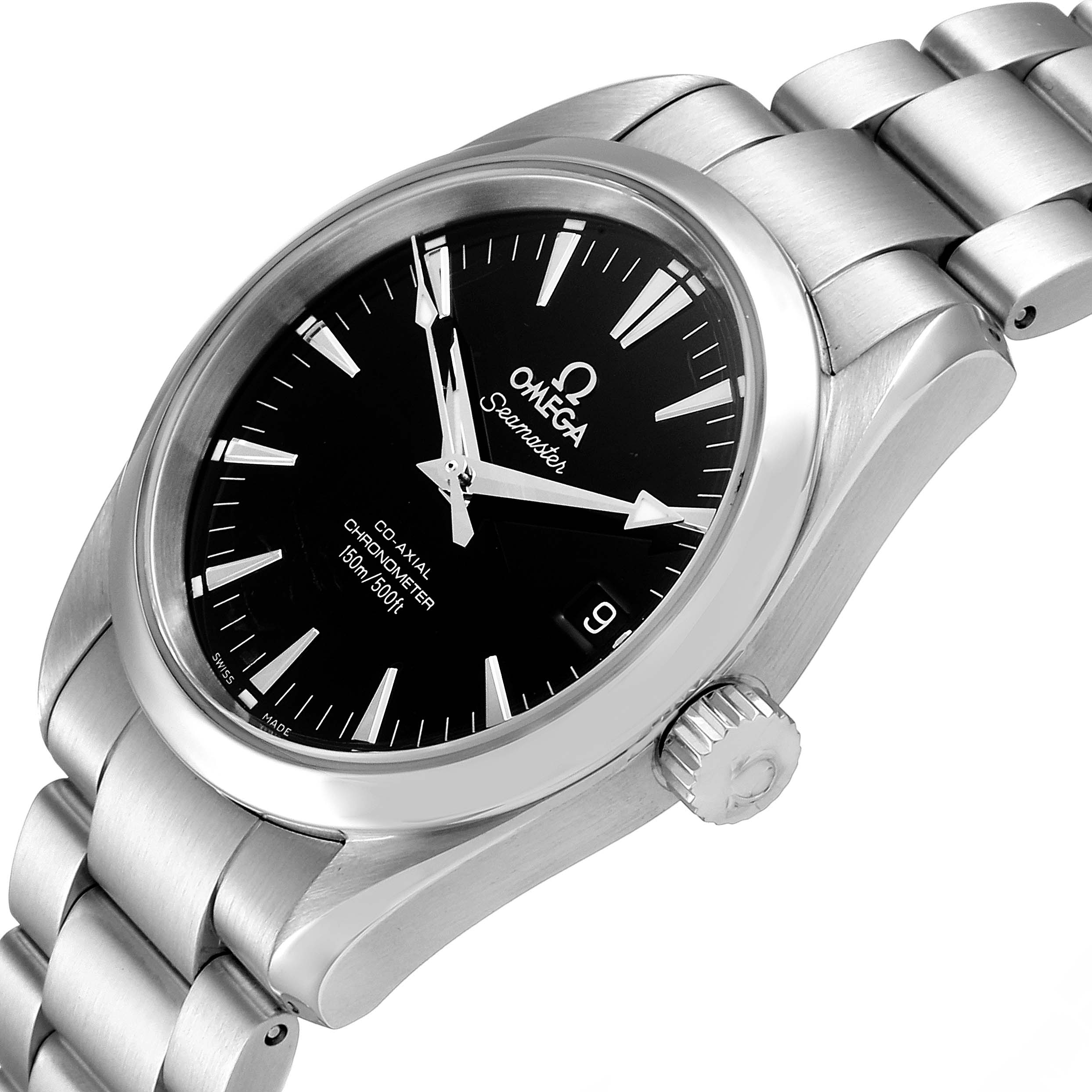 The photo shows an angled view of the Omega Aqua Terra 2504.50.00 Men's Stainless Steel Black Dial 2504.50.00 Men's Stainless Steel Black Dial watch's face, bezel, crown, and bracelet.