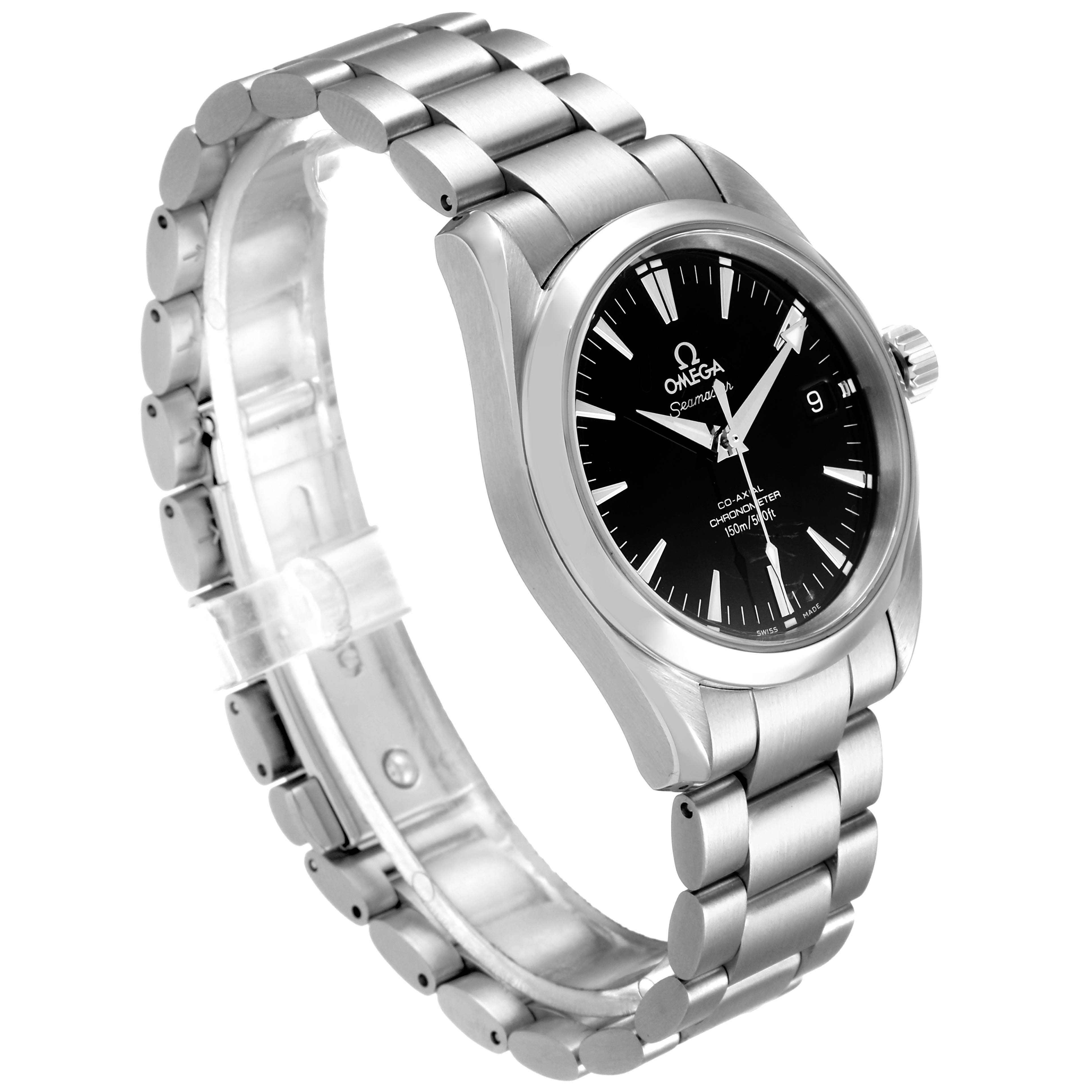 The image shows a side view of the Omega Aqua Terra 2504.50.00 Men's Stainless Steel Black Dial 2504.50.00 Men's Stainless Steel Black Dial watch, highlighting the stainless steel case, bracelet, and dial.