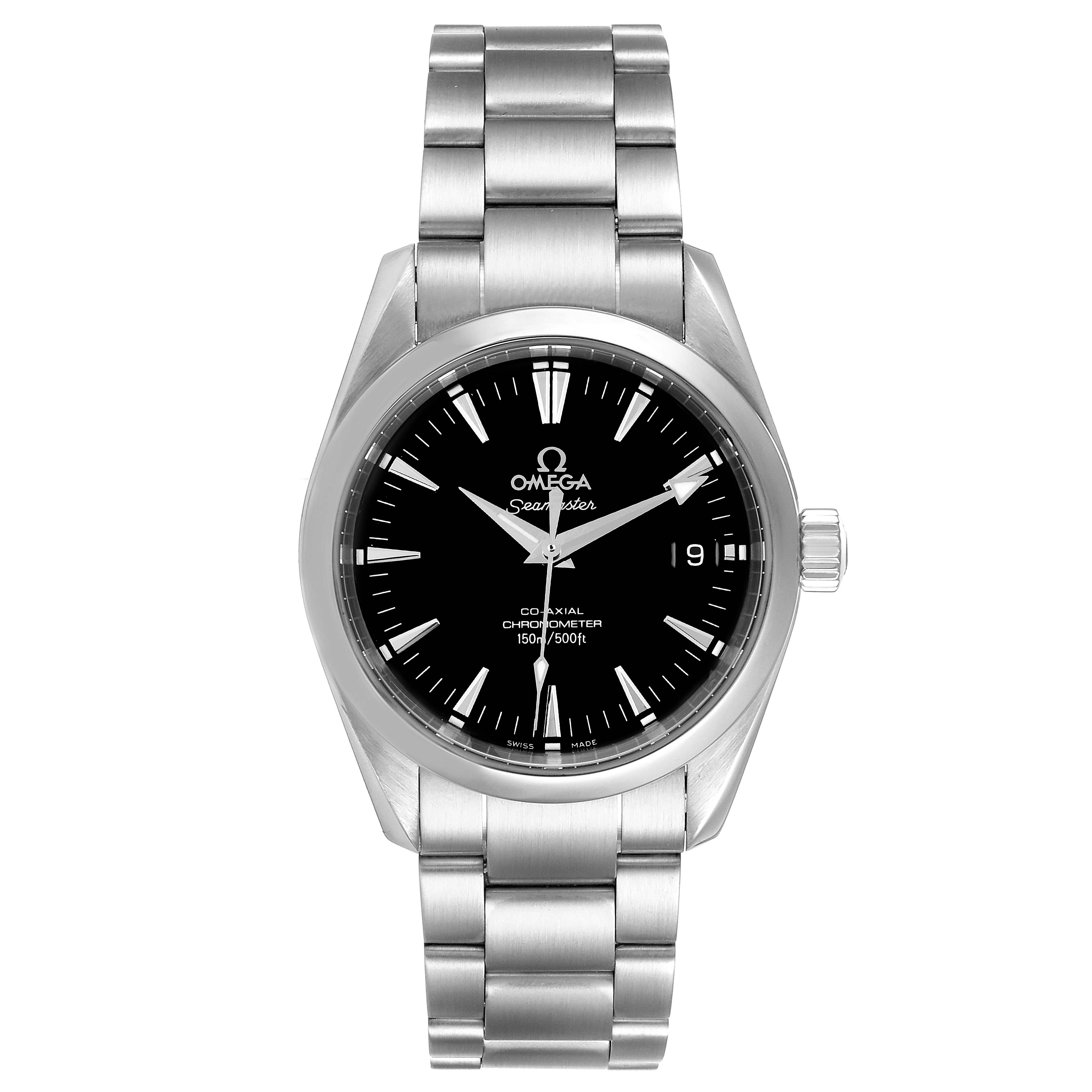 The image shows a front view of the Omega Aqua Terra 2504.50.00 Men's Stainless Steel Black Dial 2504.50.00 Men's Stainless Steel Black Dial watch, displaying its face, bezel, and bracelet.