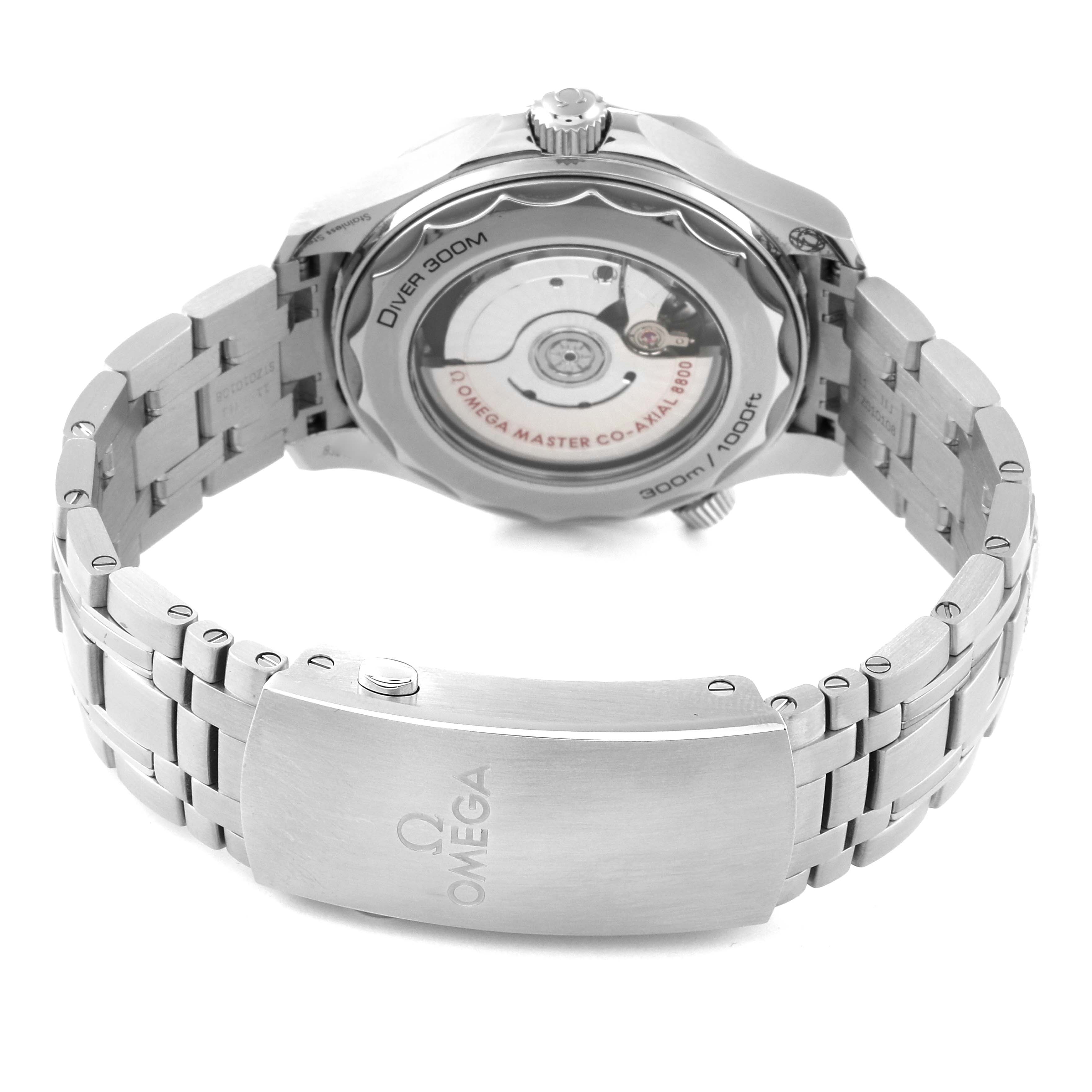 This image shows the back and bracelet of the Omega Seamaster 210.30.42.20.04.001 Men
s Stainless Steel White Dial 210.30.42.20.04.001 Men
s Stainless Steel White Dial watch, highlighting its clasp and transparent case back.