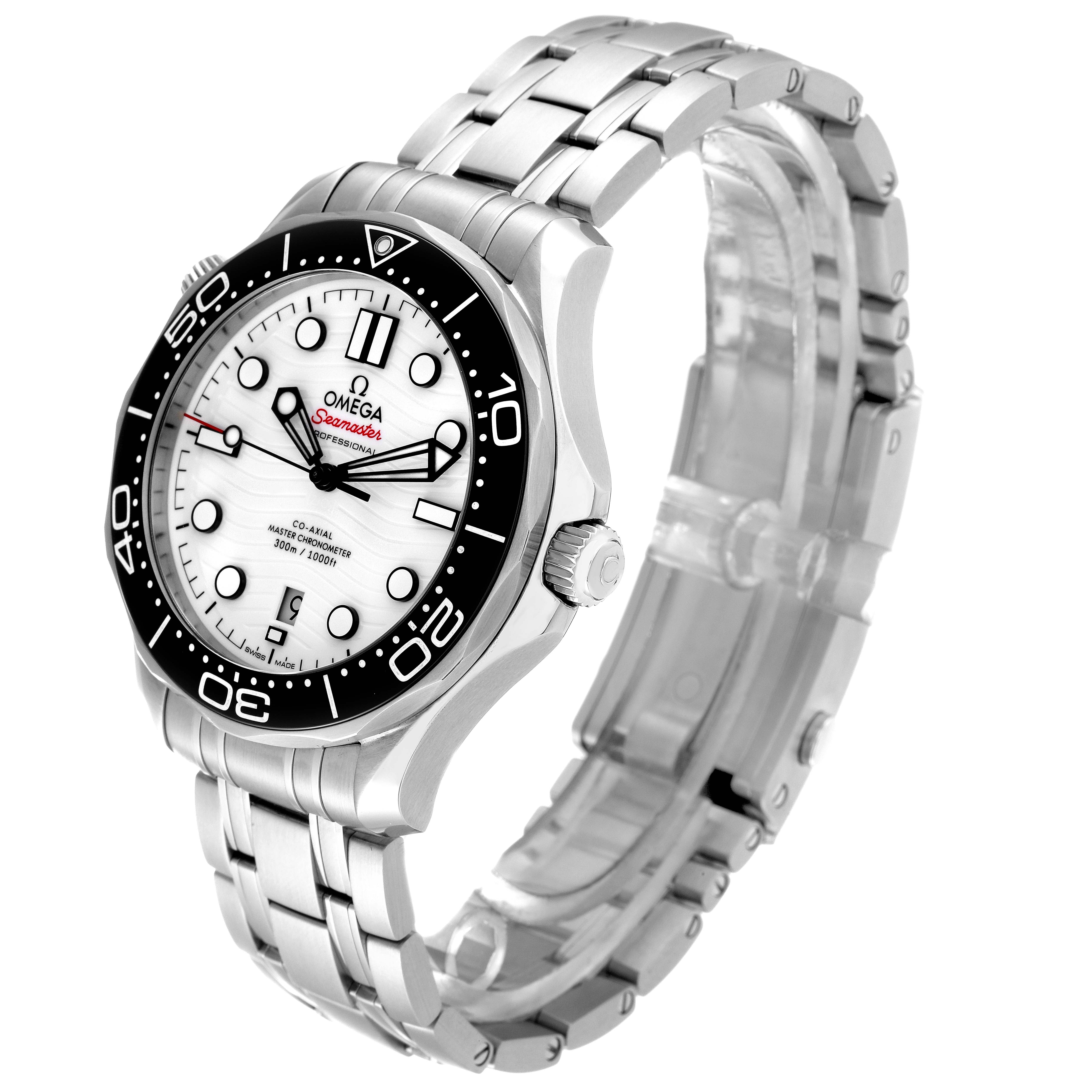 The Omega Seamaster 210.30.42.20.04.001 Men
s Stainless Steel White Dial 210.30.42.20.04.001 Men
s Stainless Steel White Dial watch is shown at a three-quarter angle, displaying the face, bezel, crown, and bracelet.