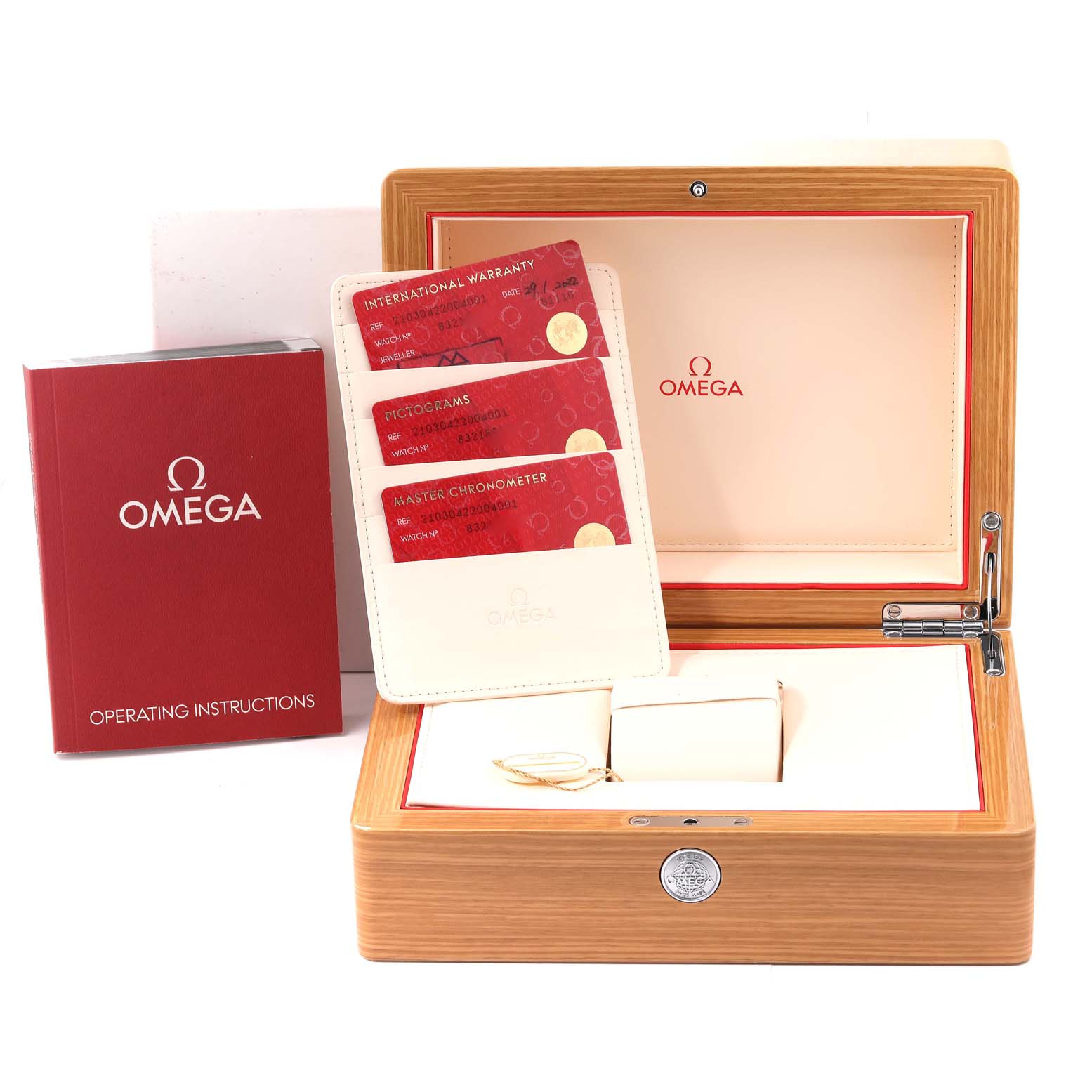 The image shows an Omega Seamaster 210.30.42.20.04.001 Men
s Stainless Steel White Dial 210.30.42.20.04.001 Men
s Stainless Steel White Dial watch box, operating instructions, and warranty cards from a frontal angle.