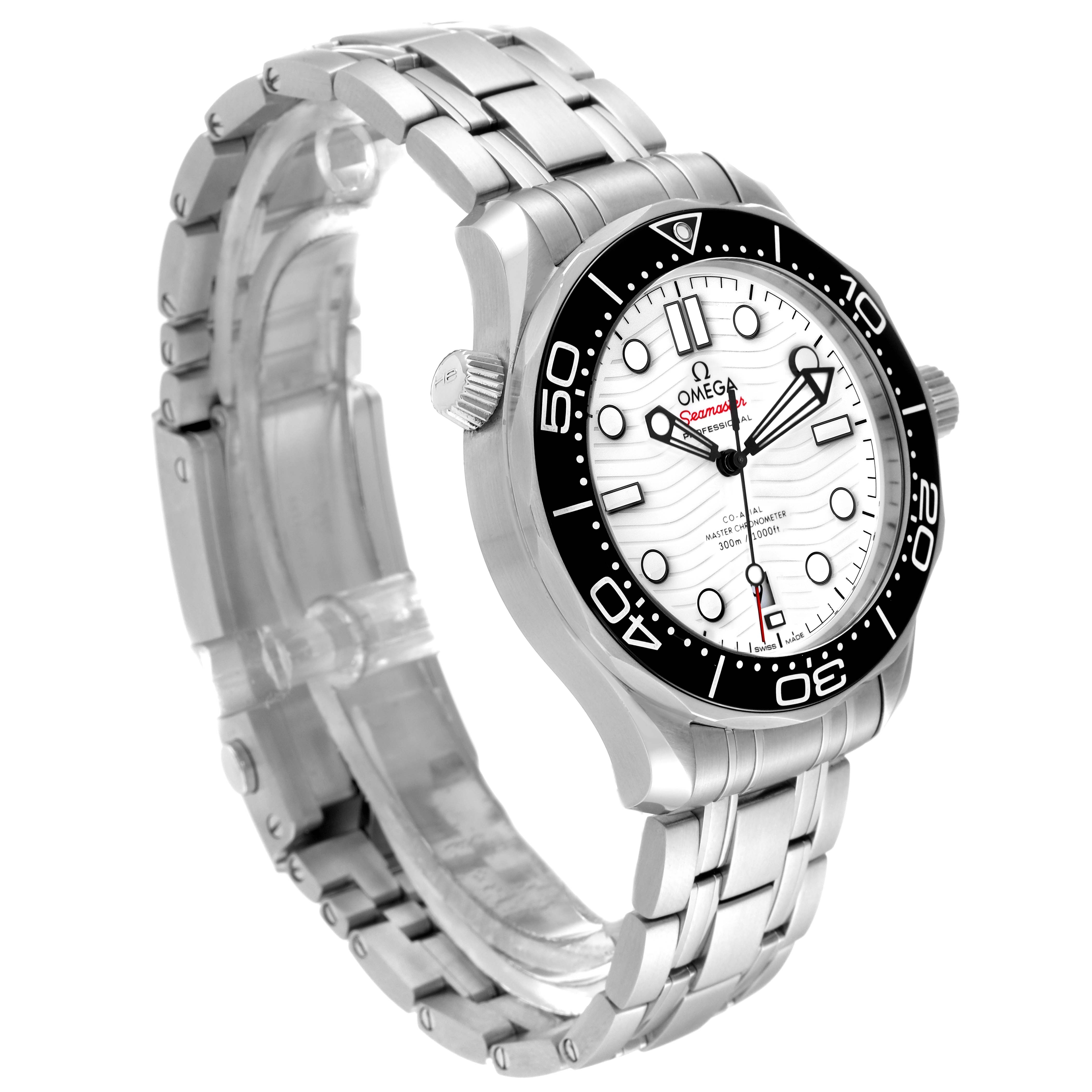 The image shows an angled side view of an Omega Seamaster 210.30.42.20.04.001 Men
s Stainless Steel White Dial 210.30.42.20.04.001 Men
s Stainless Steel White Dial watch, highlighting its bezel, dial, bracelet, and crown.