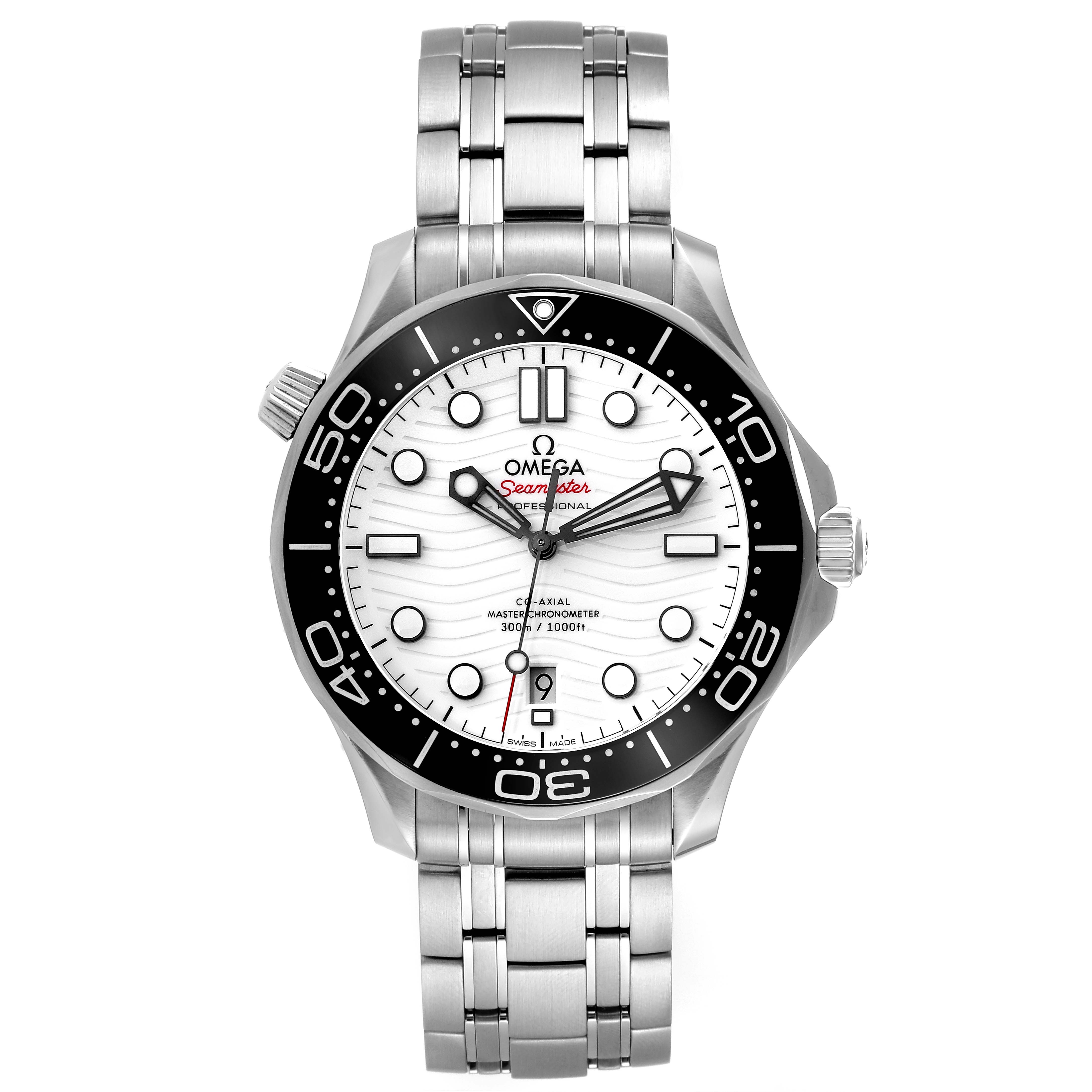 The Omega Seamaster 210.30.42.20.04.001 Men
s Stainless Steel White Dial 210.30.42.20.04.001 Men
s Stainless Steel White Dial watch is shown from the front, featuring its dial, bezel, crown, and stainless steel bracelet.