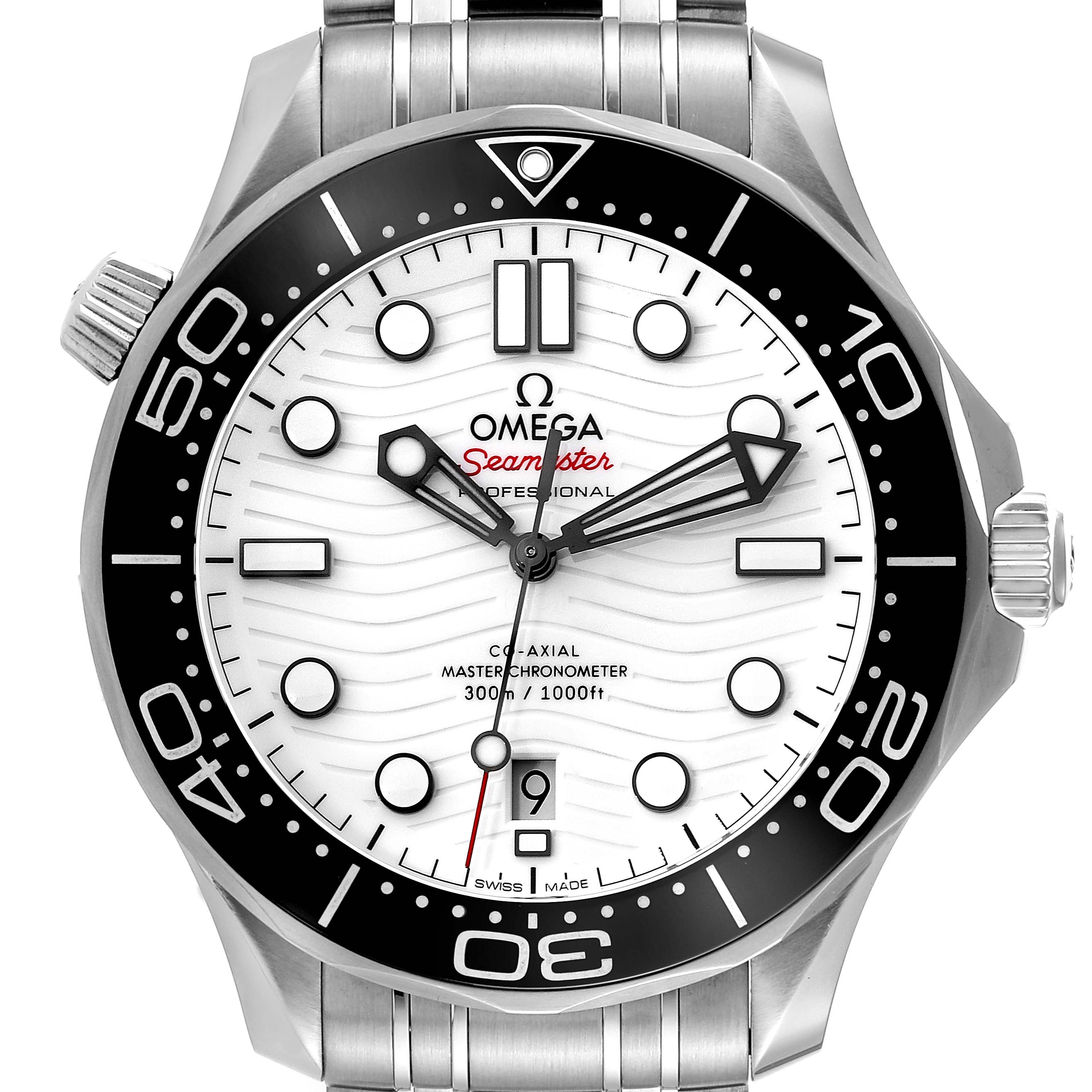 The image shows a front view of the Omega Seamaster 210.30.42.20.04.001 Men
s Stainless Steel White Dial 210.30.42.20.04.001 Men
s Stainless Steel White Dial watch, displaying its white dial, black bezel, and stainless-steel bracelet.