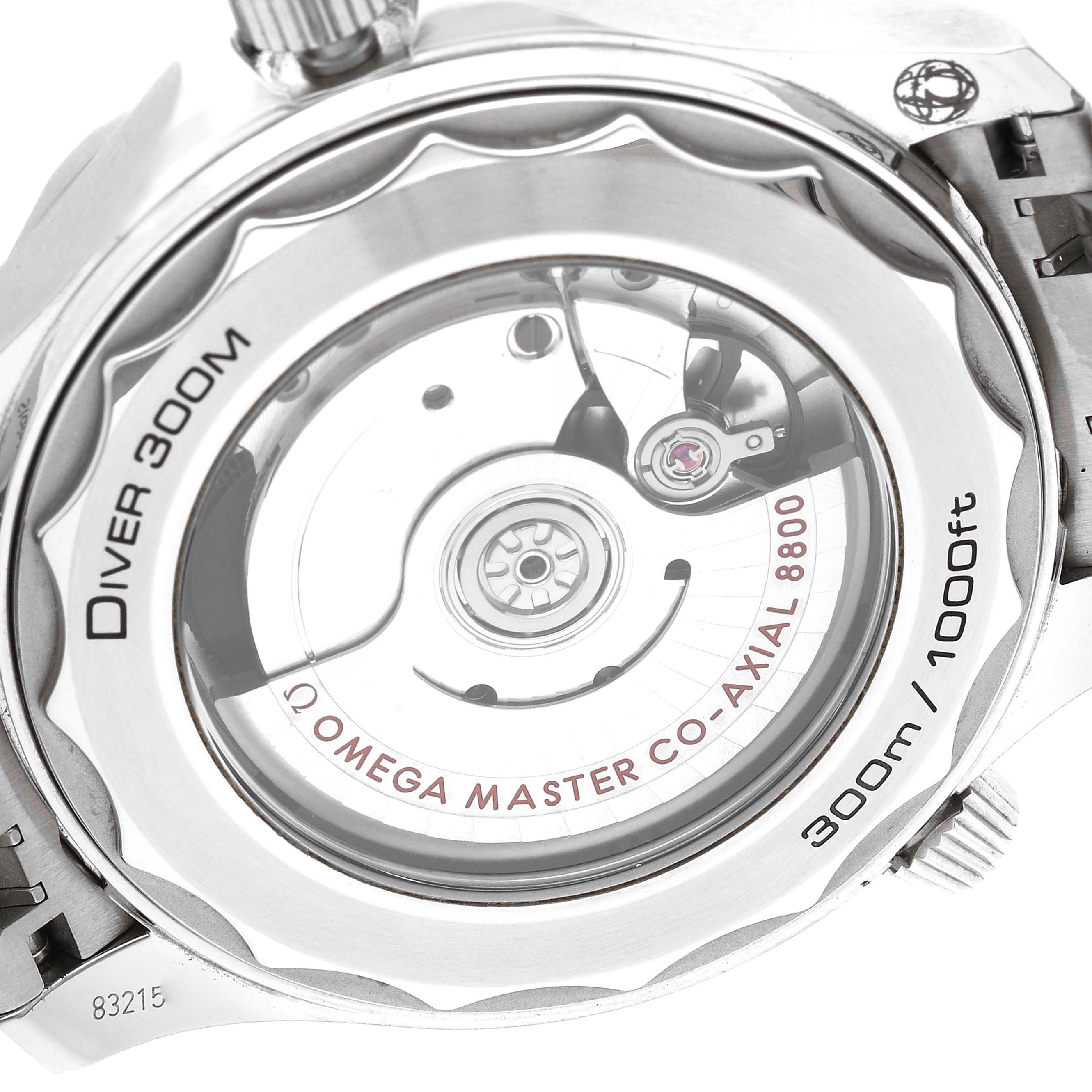 The image shows the back view of an Omega Seamaster 210.30.42.20.04.001 Men
s Stainless Steel White Dial 210.30.42.20.04.001 Men
s Stainless Steel White Dial watch, highlighting its transparent case back and inner mechanism.