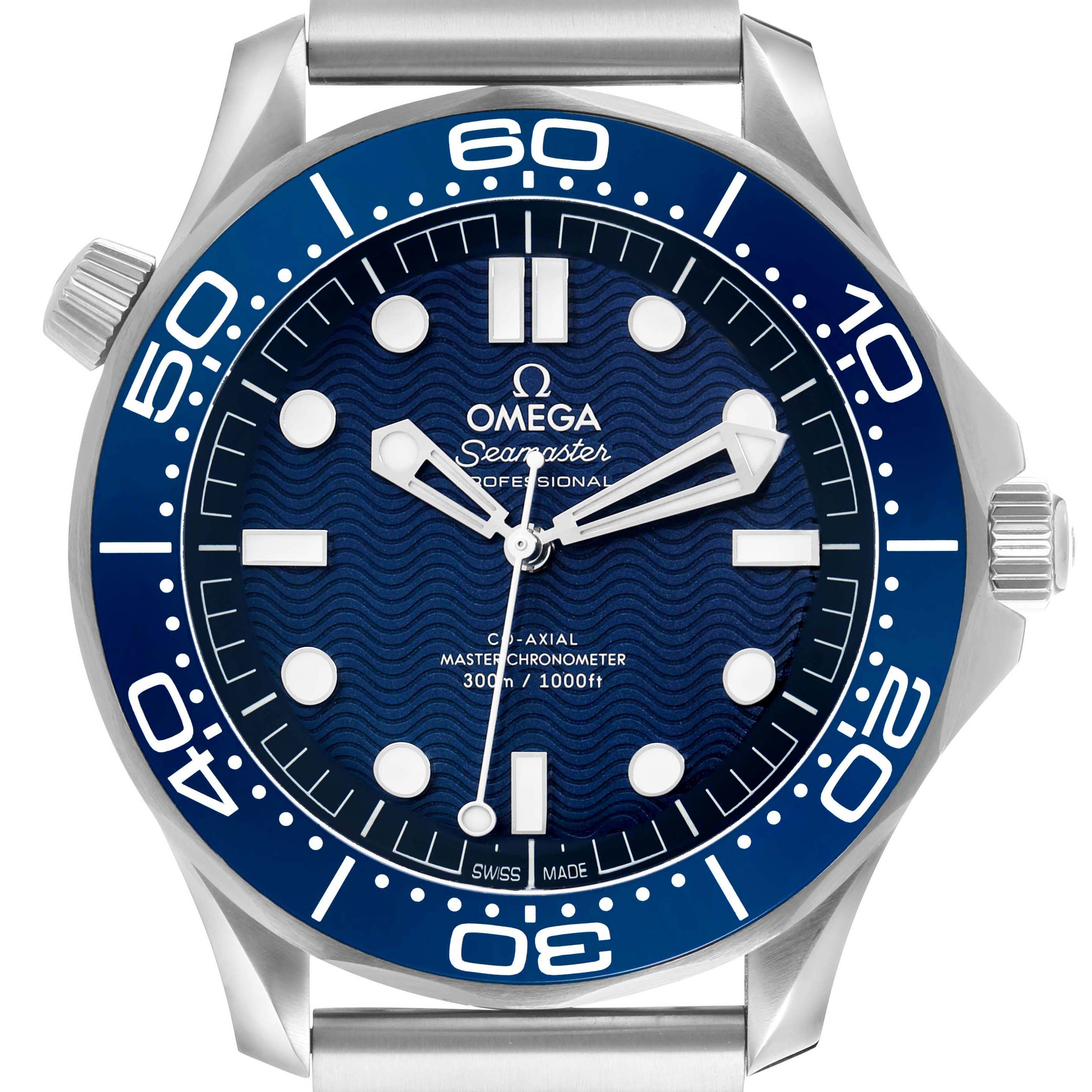 The Omega Seamaster 210.30.42.20.03.002 Men's Stainless Steel Blue Dial watch is shown from a front angle, highlighting the dial, bezel, and crown.