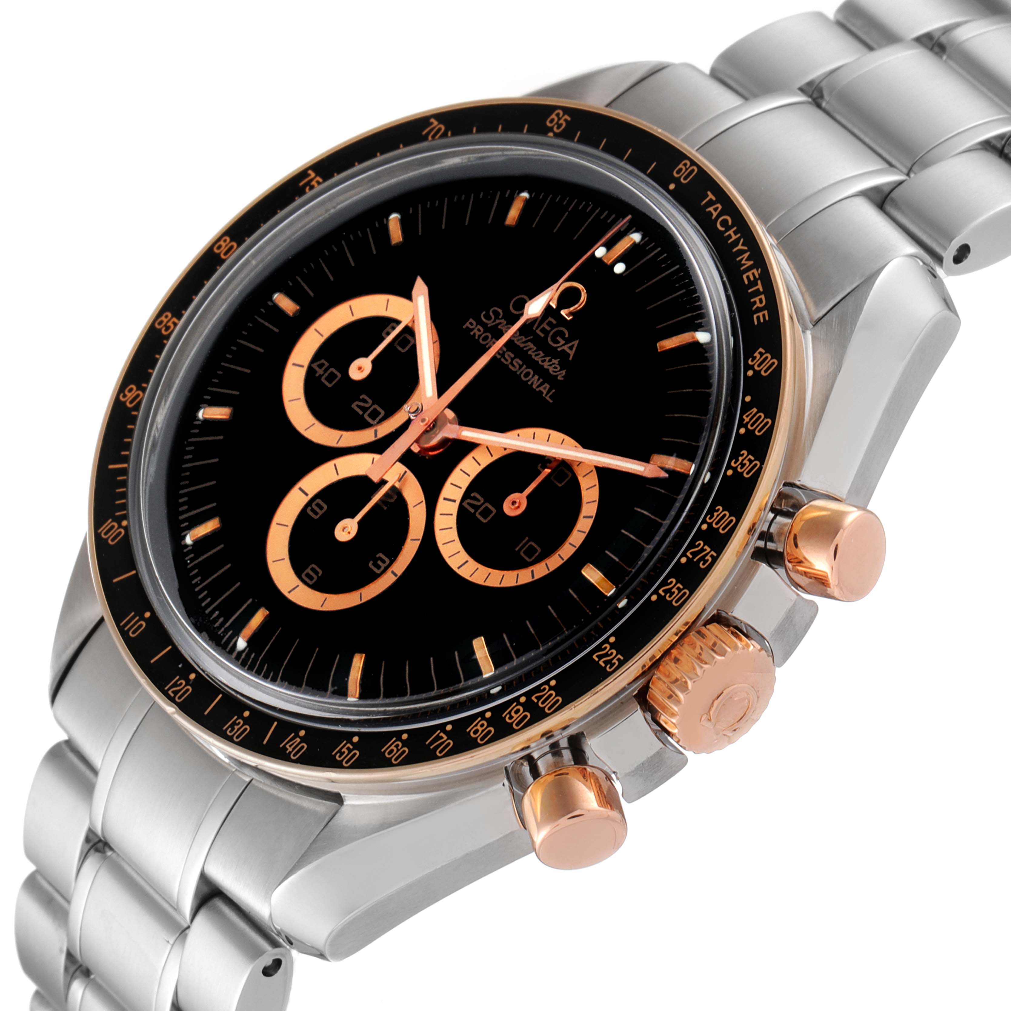 The image shows an Omega Speedmaster 3366.51.00 Men's Steel and Gold (two tone) Black Dial 3366.51.00 Men's Steel and Gold (two tone) Black Dial watch at a slight angle, highlighting the dial, bezel, crown, and pushers.