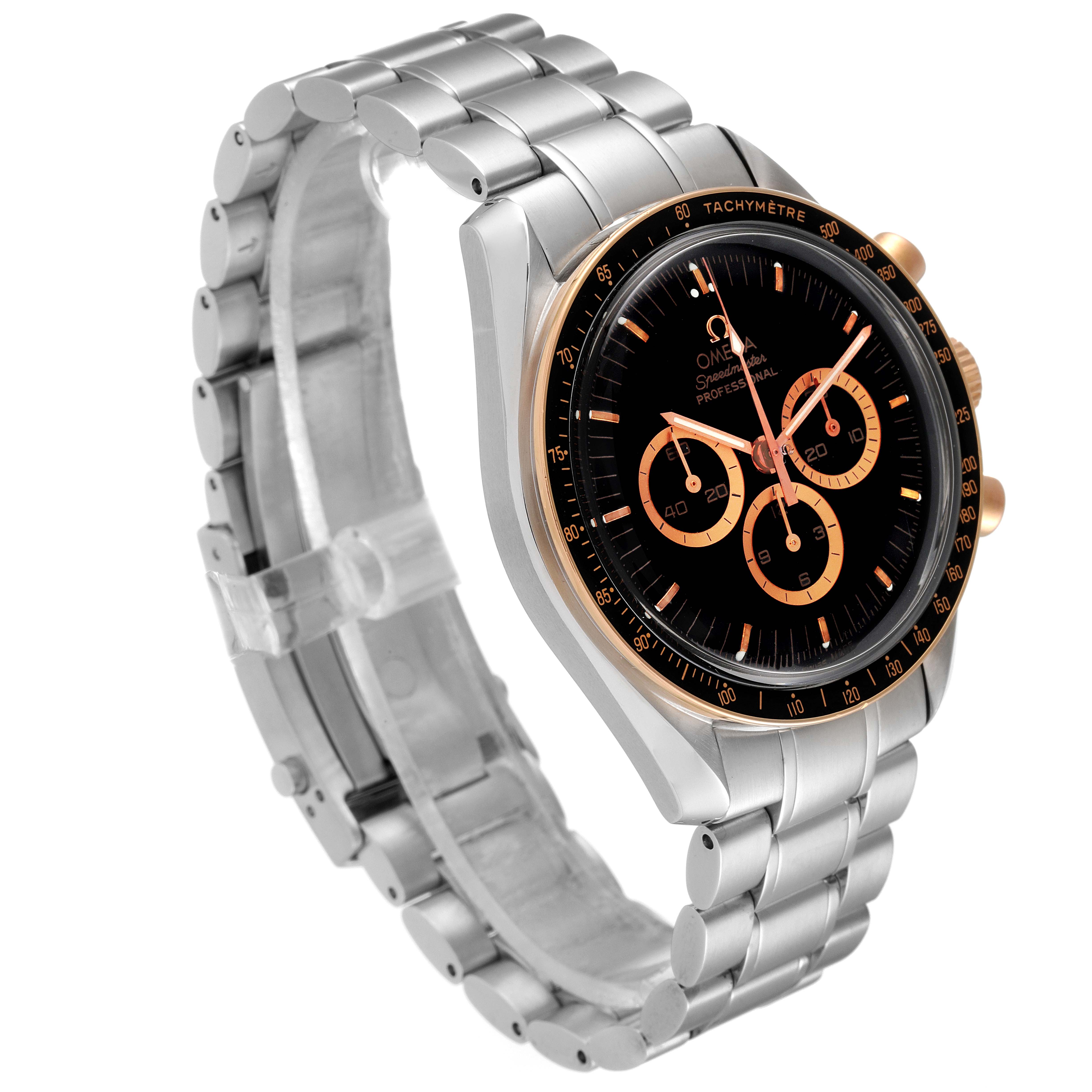 The Omega Speedmaster 3366.51.00 Men's Steel and Gold (two tone) Black Dial 3366.51.00 Men's Steel and Gold (two tone) Black Dial watch is shown at an oblique angle, displaying the face, bezel, and part of the bracelet.