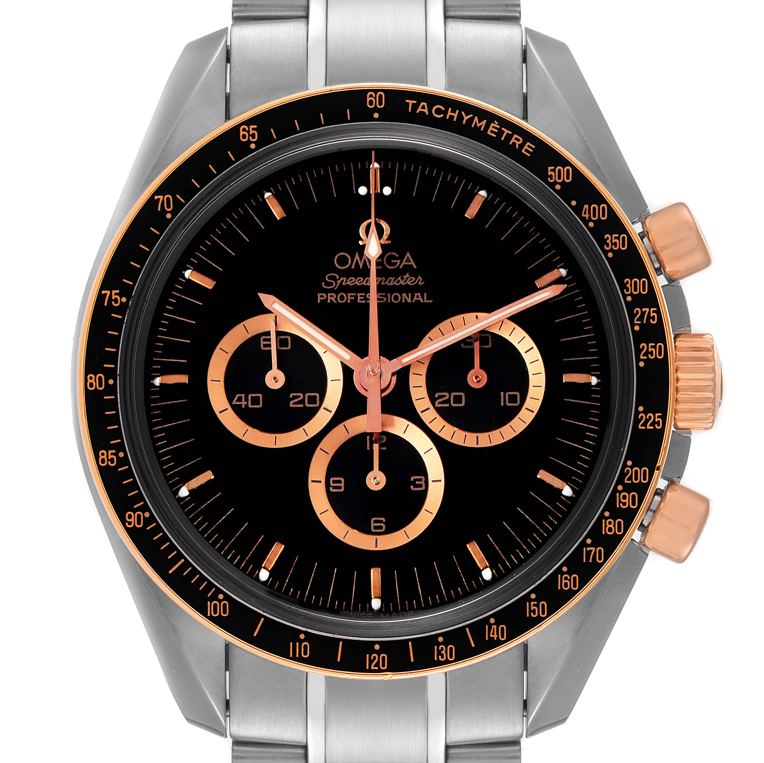 The image shows a frontal view of the Omega Speedmaster 3366.51.00 Men's Steel and Gold (two tone) Black Dial 3366.51.00 Men's Steel and Gold (two tone) Black Dial Professional watch, highlighting the face, dials, and part of the bracelet.