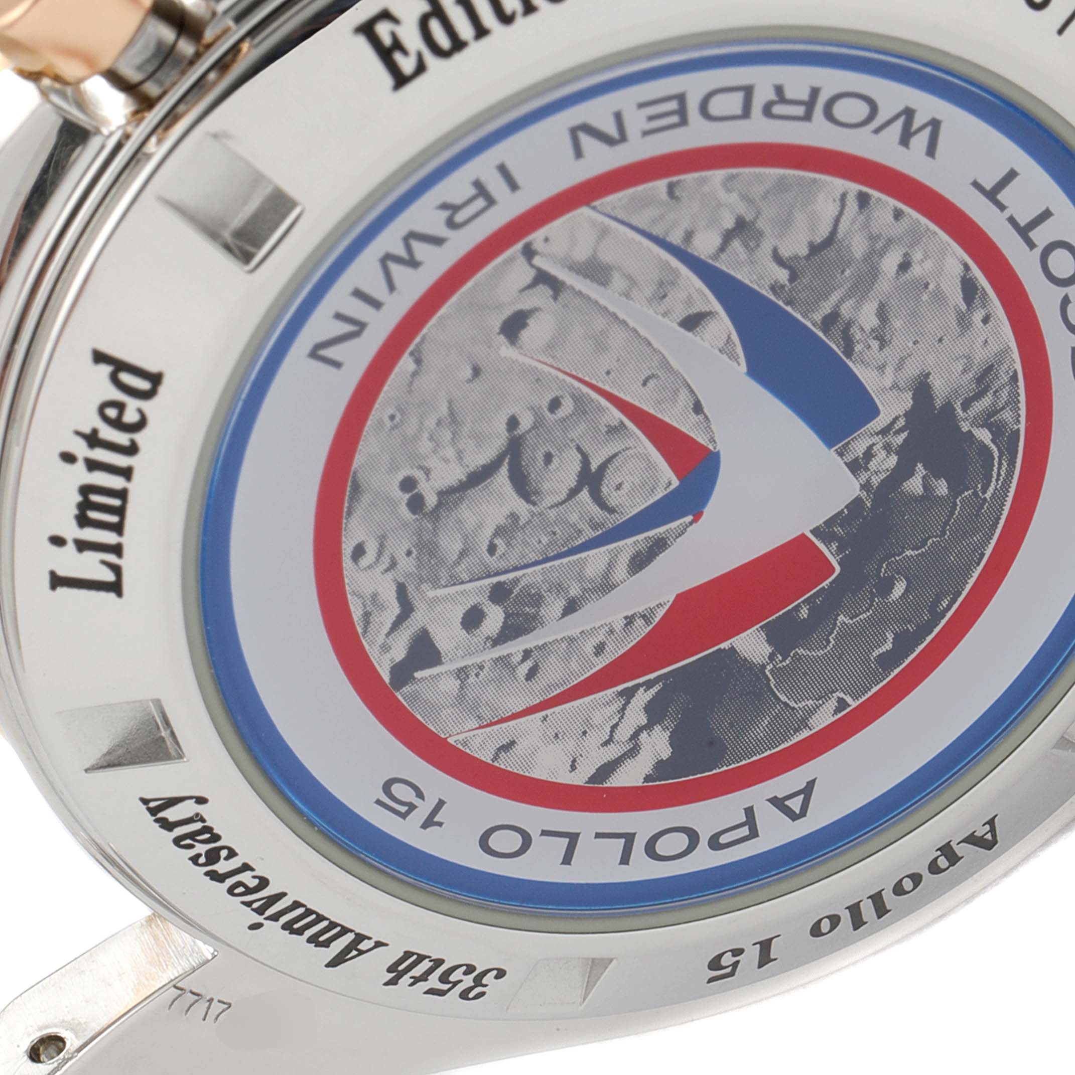 The image shows the case back of an Omega Speedmaster 3366.51.00 Men's Steel and Gold (two tone) Black Dial 3366.51.00 Men's Steel and Gold (two tone) Black Dial Apollo 15 35th Anniversary Limited Edition watch with detailed engraving.