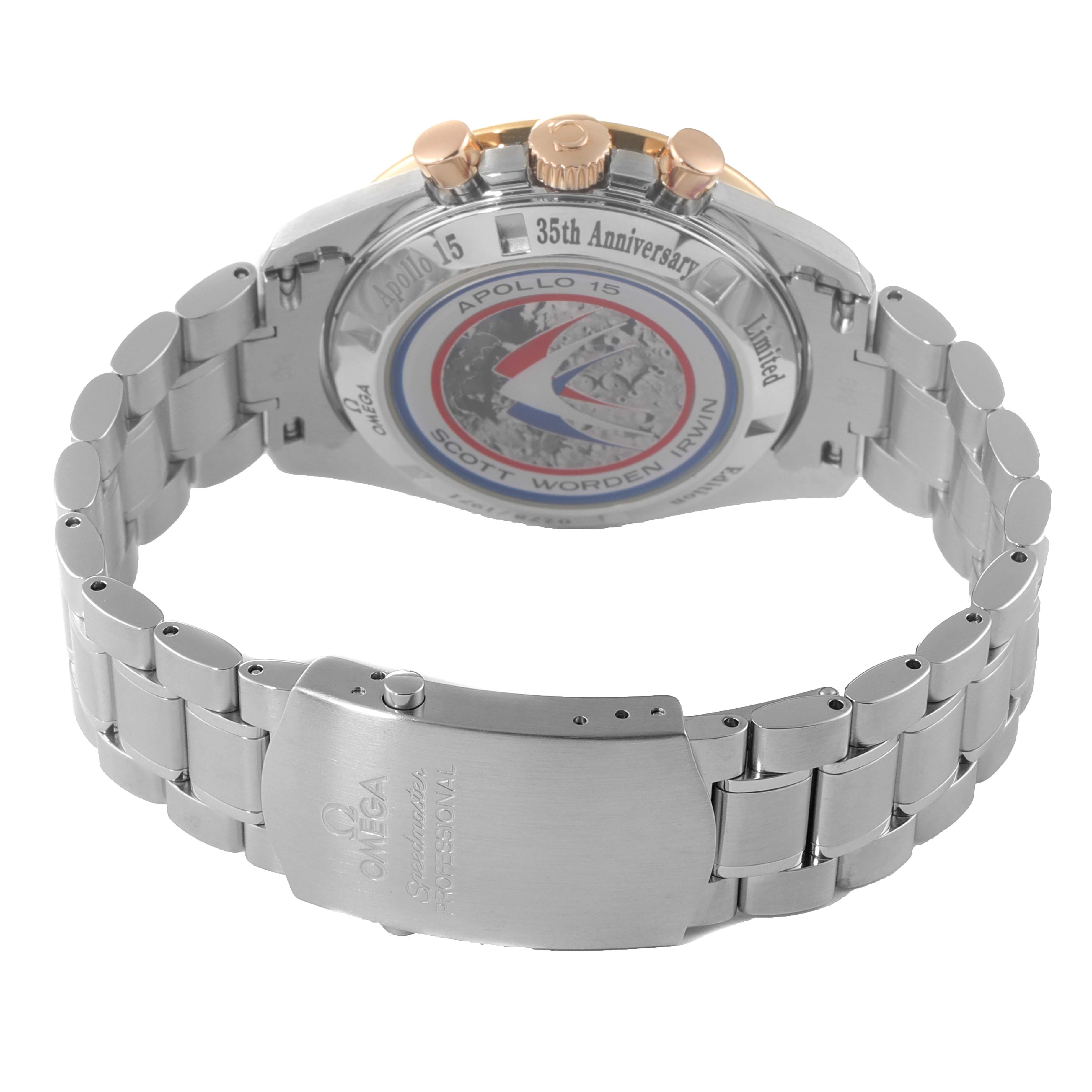 The Omega Speedmaster 3366.51.00 Men's Steel and Gold (two tone) Black Dial 3366.51.00 Men's Steel and Gold (two tone) Black Dial is shown from the back angle, highlighting the case back and bracelet with an Apollo 15 35th anniversary engraving.