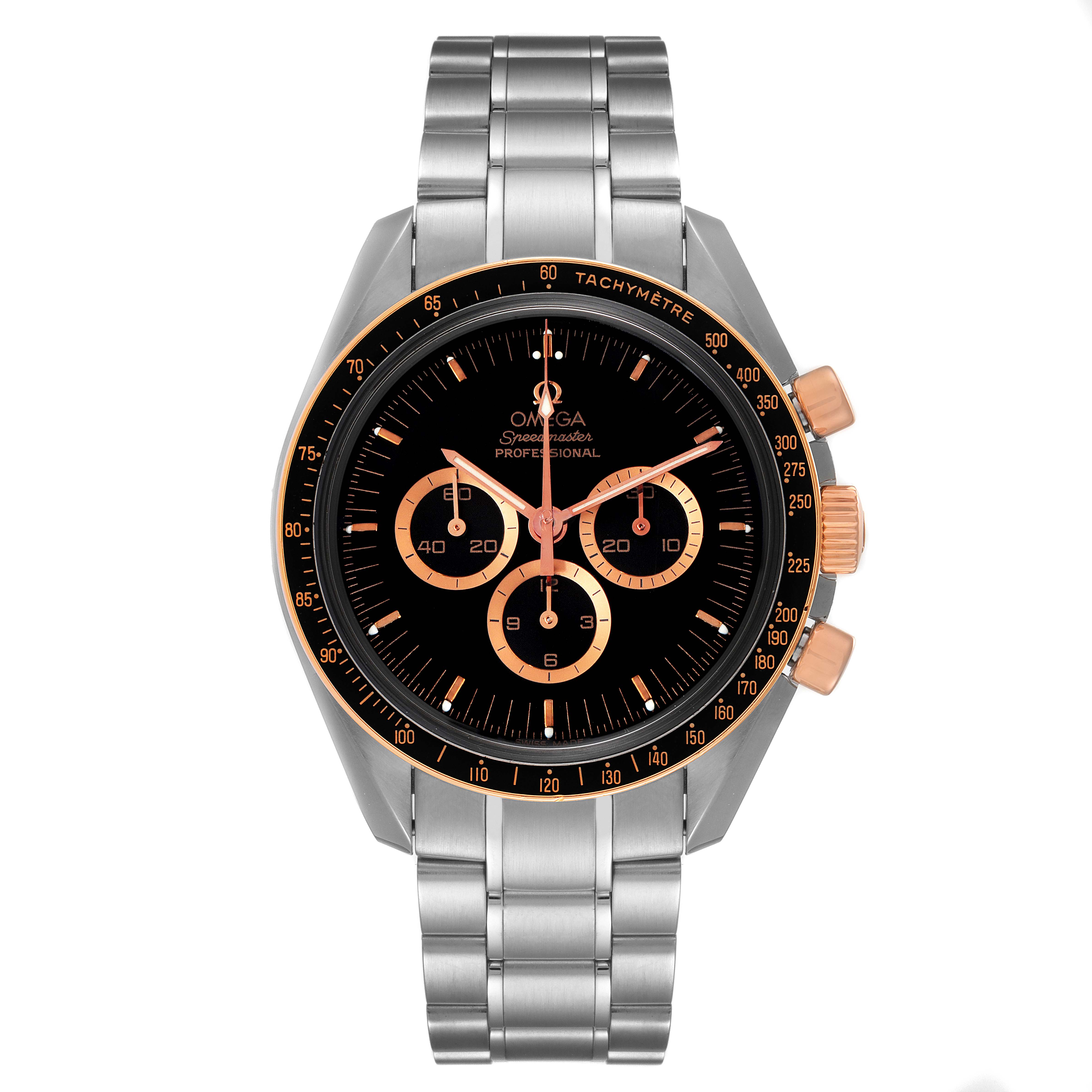 The image shows a frontal view of an Omega Speedmaster 3366.51.00 Men's Steel and Gold (two tone) Black Dial 3366.51.00 Men's Steel and Gold (two tone) Black Dial watch, highlighting its dial, bezel, and bracelet.