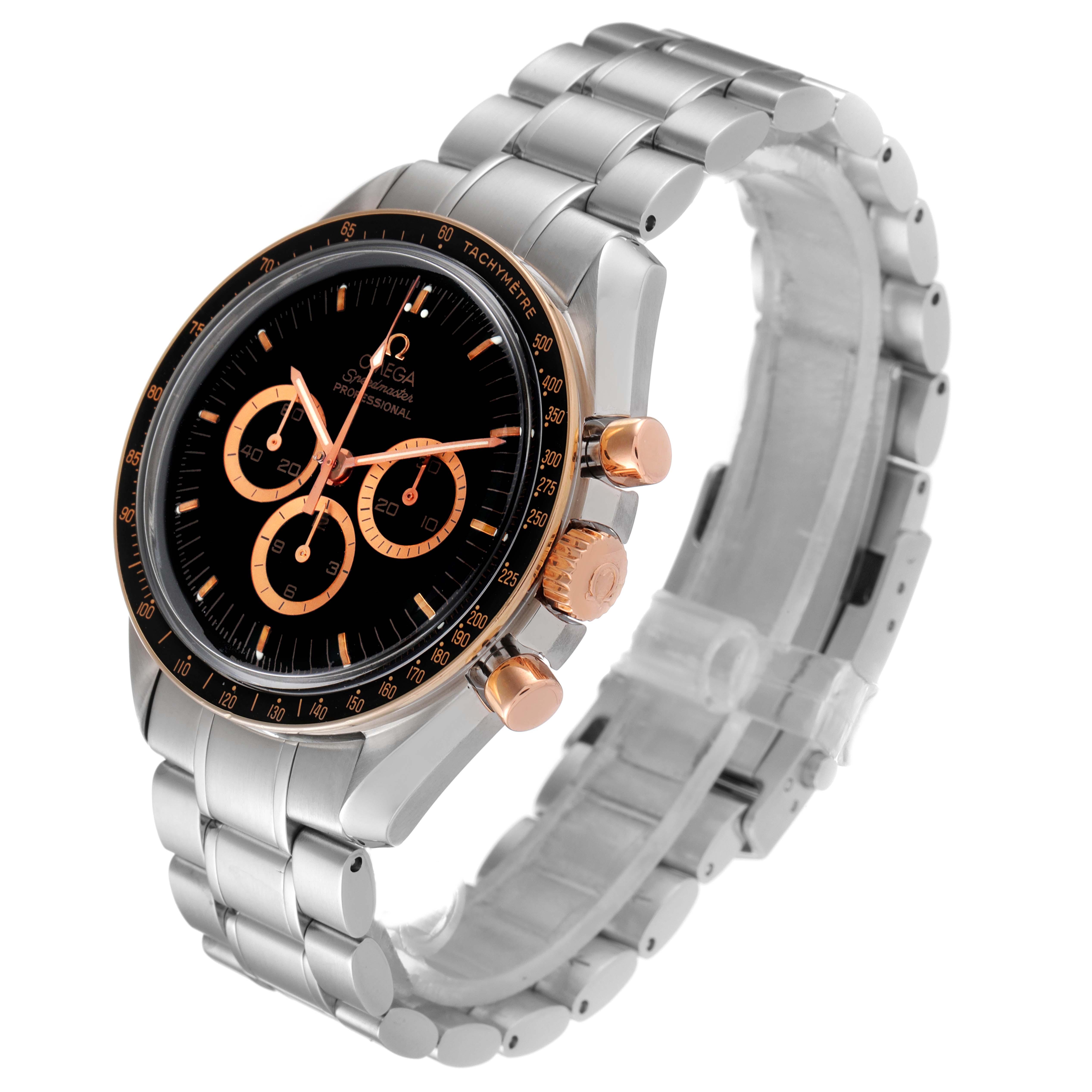 This image shows an Omega Speedmaster 3366.51.00 Men's Steel and Gold (two tone) Black Dial 3366.51.00 Men's Steel and Gold (two tone) Black Dial watch angled from the front-left, highlighting the face, crown, and metal bracelet.
