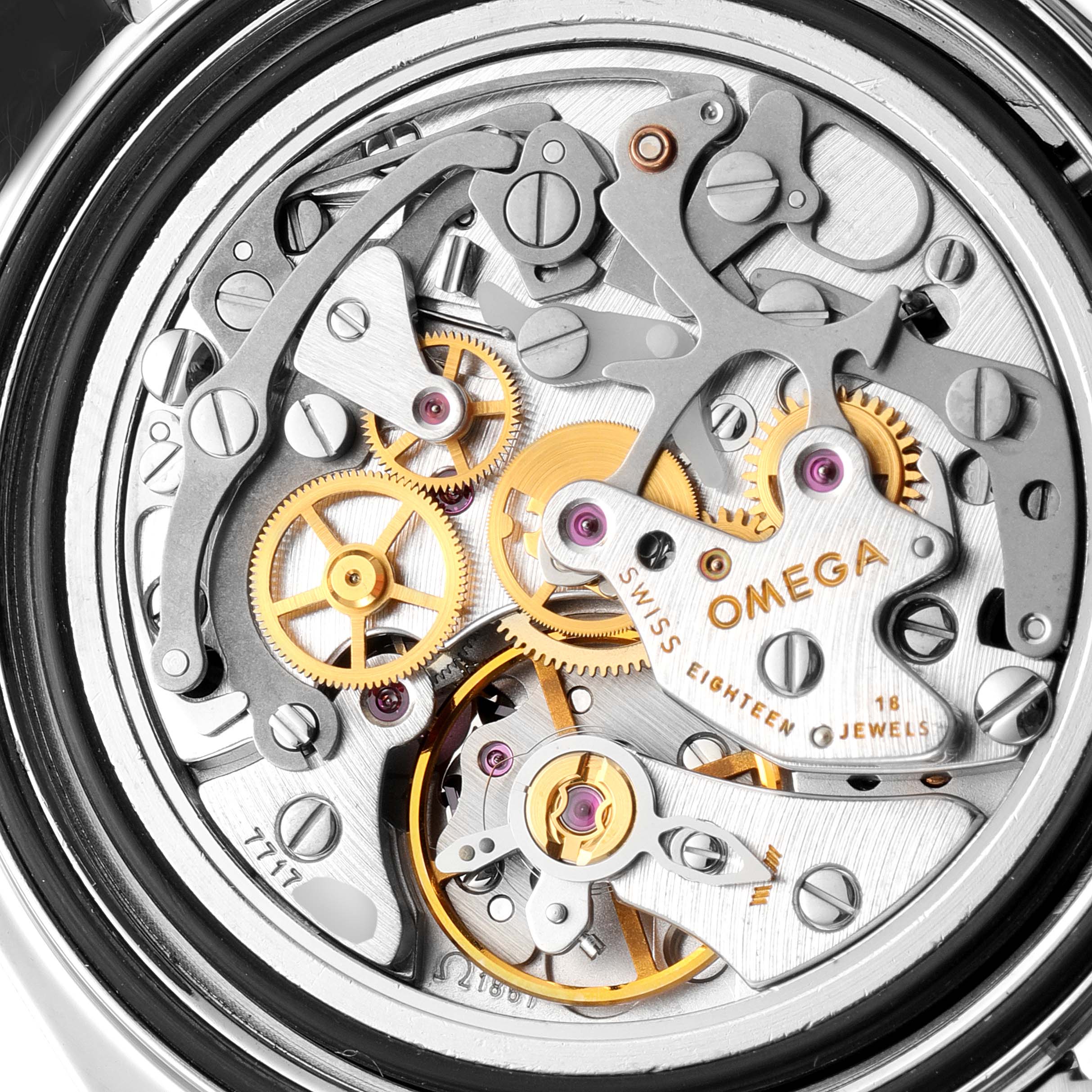 This is a close-up view of the movement showing intricate gears and components of an Omega Speedmaster 3366.51.00 Men's Steel and Gold (two tone) Black Dial 3366.51.00 Men's Steel and Gold (two tone) Black Dial watch.