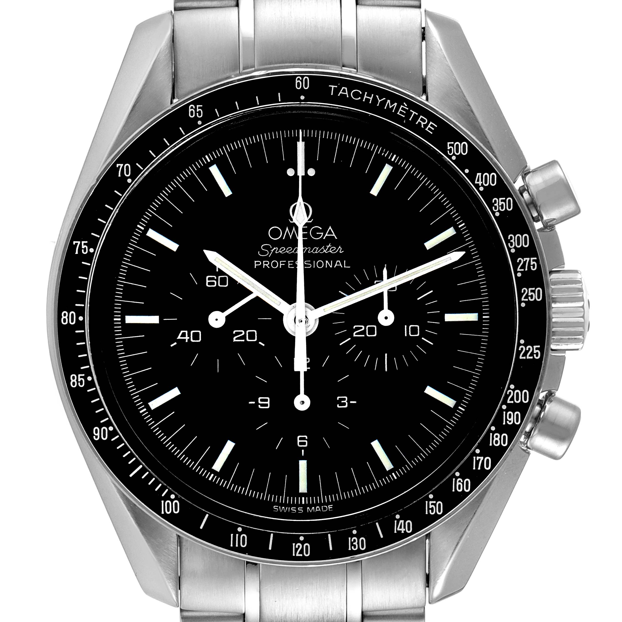 The image shows the Omega Speedmaster 3570.50.00 Men
s Stainless Steel Black Dial 3570.50.00 Men
s Stainless Steel Black Dial watch face, case, and partial bracelet at a frontal angle.