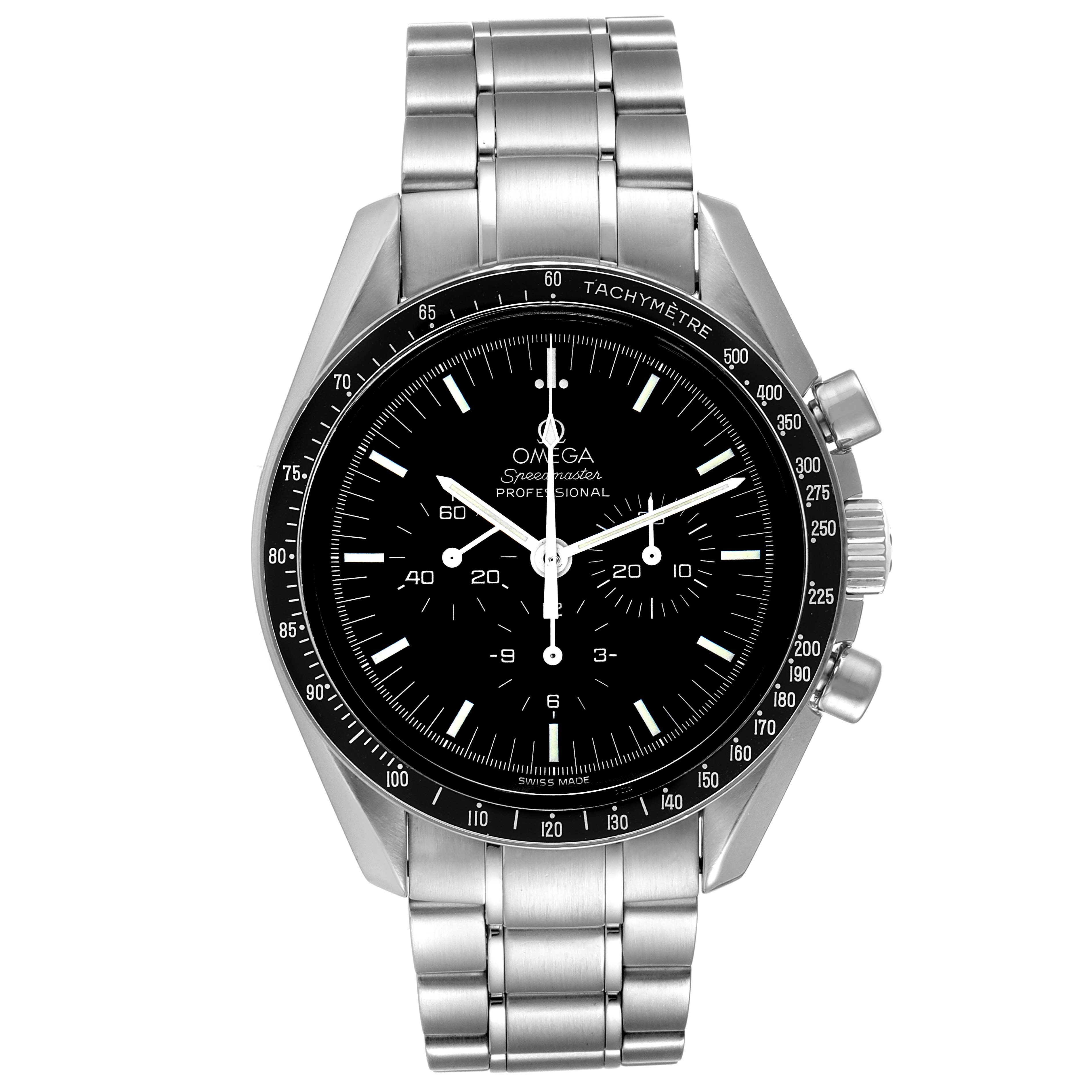 The Omega Speedmaster 3570.50.00 Men
s Stainless Steel Black Dial 3570.50.00 Men
s Stainless Steel Black Dial watch is shown from a front angle, highlighting its stainless steel bracelet, tachymetre bezel, and chronograph dials.