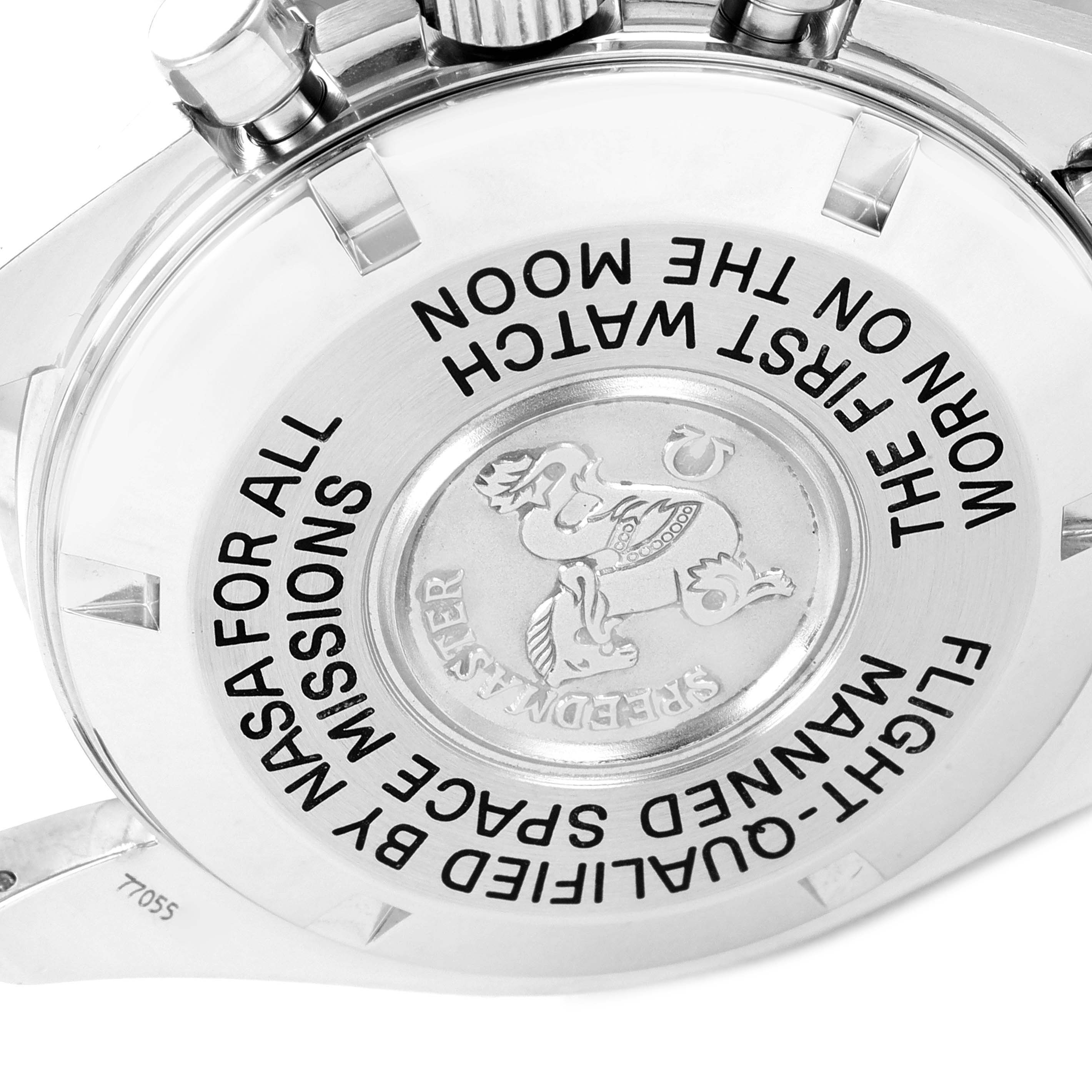 The image shows the case back of an Omega Speedmaster 3570.50.00 Men
s Stainless Steel Black Dial 3570.50.00 Men
s Stainless Steel Black Dial watch highlighting its engravings and inscriptions.