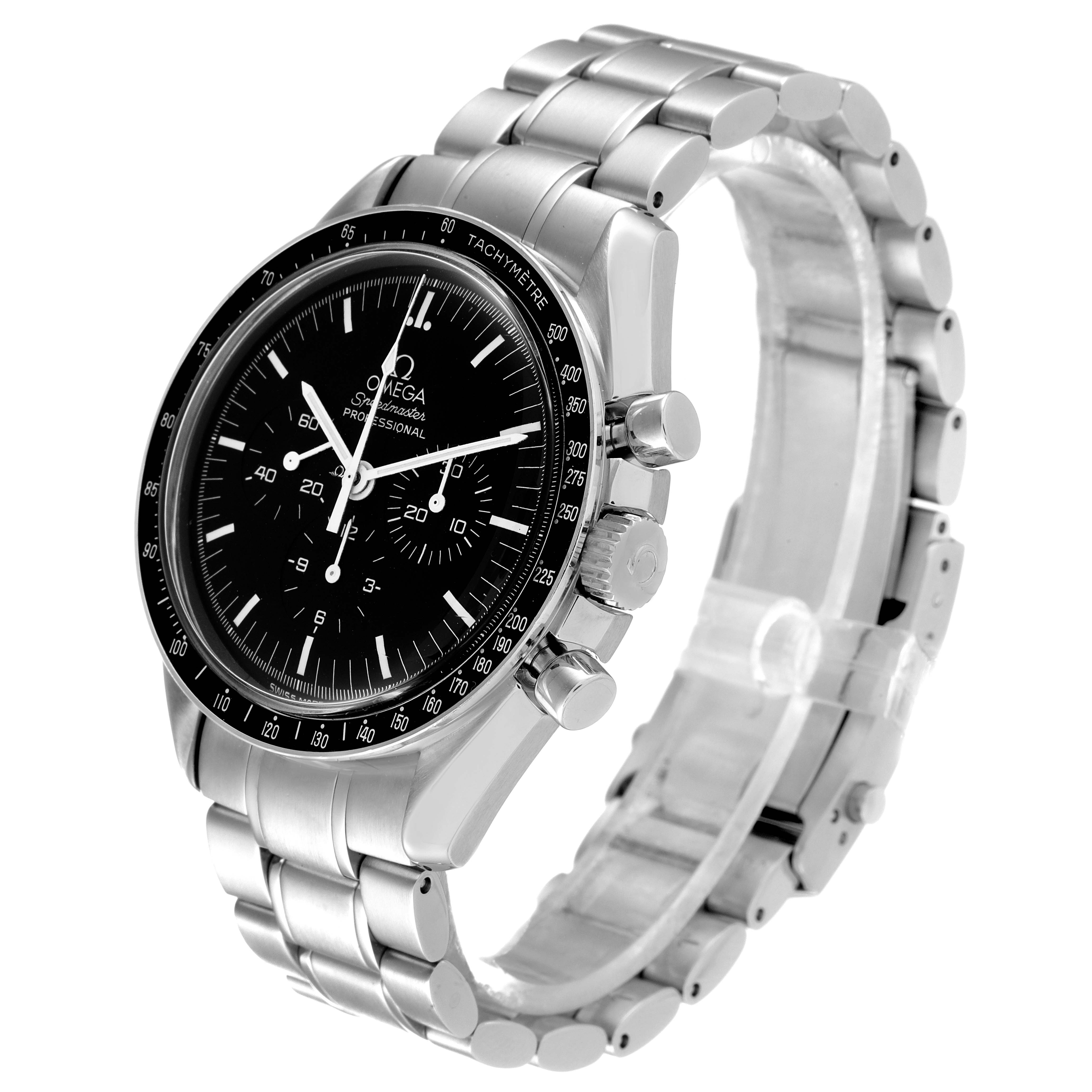 The Omega Speedmaster 3570.50.00 Men
s Stainless Steel Black Dial 3570.50.00 Men
s Stainless Steel Black Dial watch is shown at a 3/4 angle, showcasing the bezel, dial, crown, pushers, and bracelet.