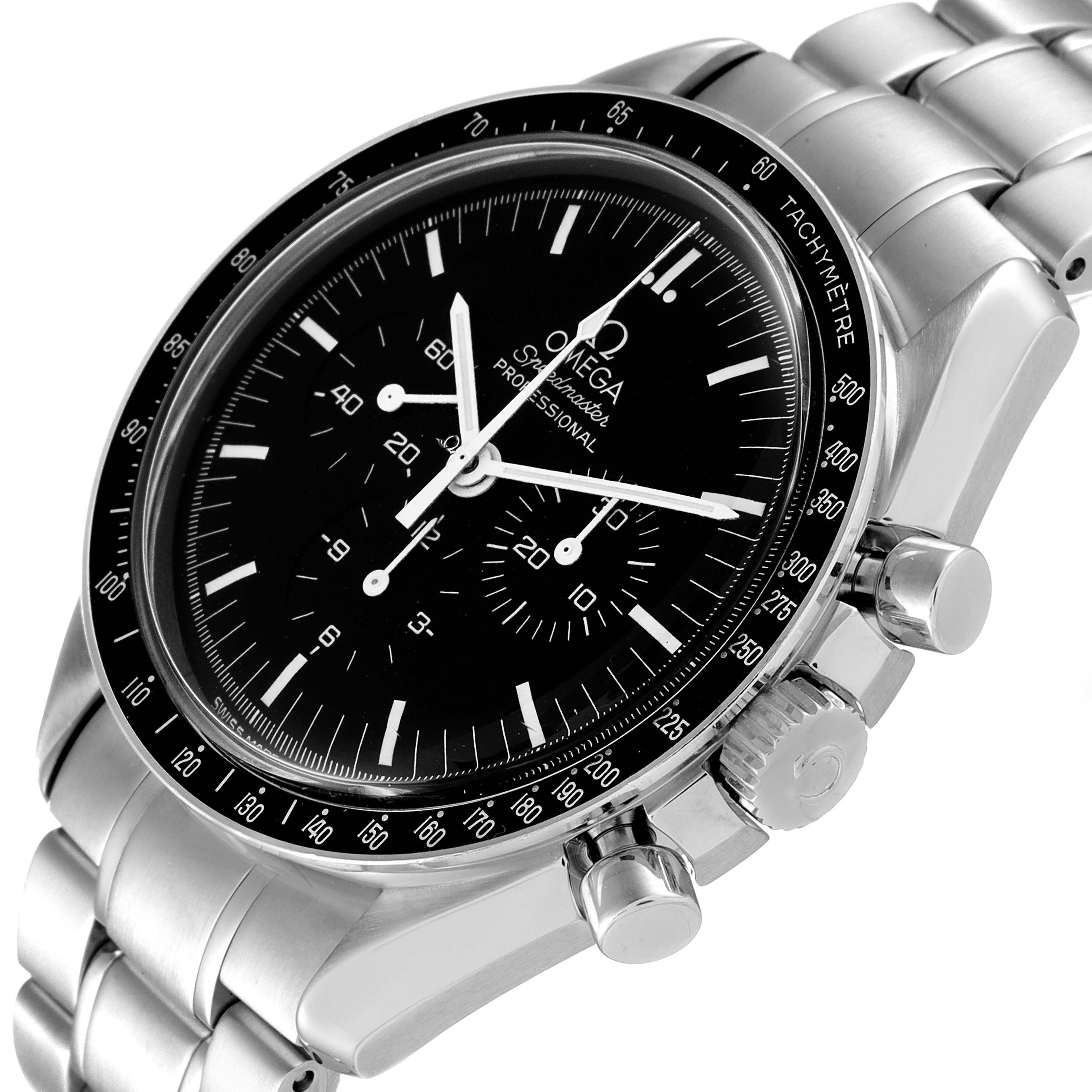 This image shows an Omega Speedmaster 3570.50.00 Men
s Stainless Steel Black Dial 3570.50.00 Men
s Stainless Steel Black Dial watch at a three-quarter angle, highlighting the dial, bezel, crown, and chronograph pushers.